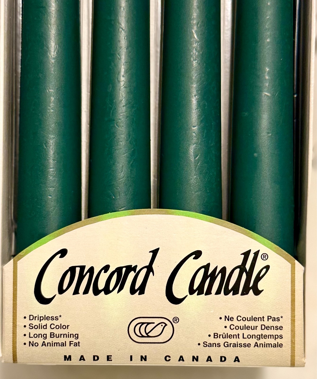 Concord 10″ “EVERGREEN” Unscented Candles Set of 12 NEW OLD STOCK