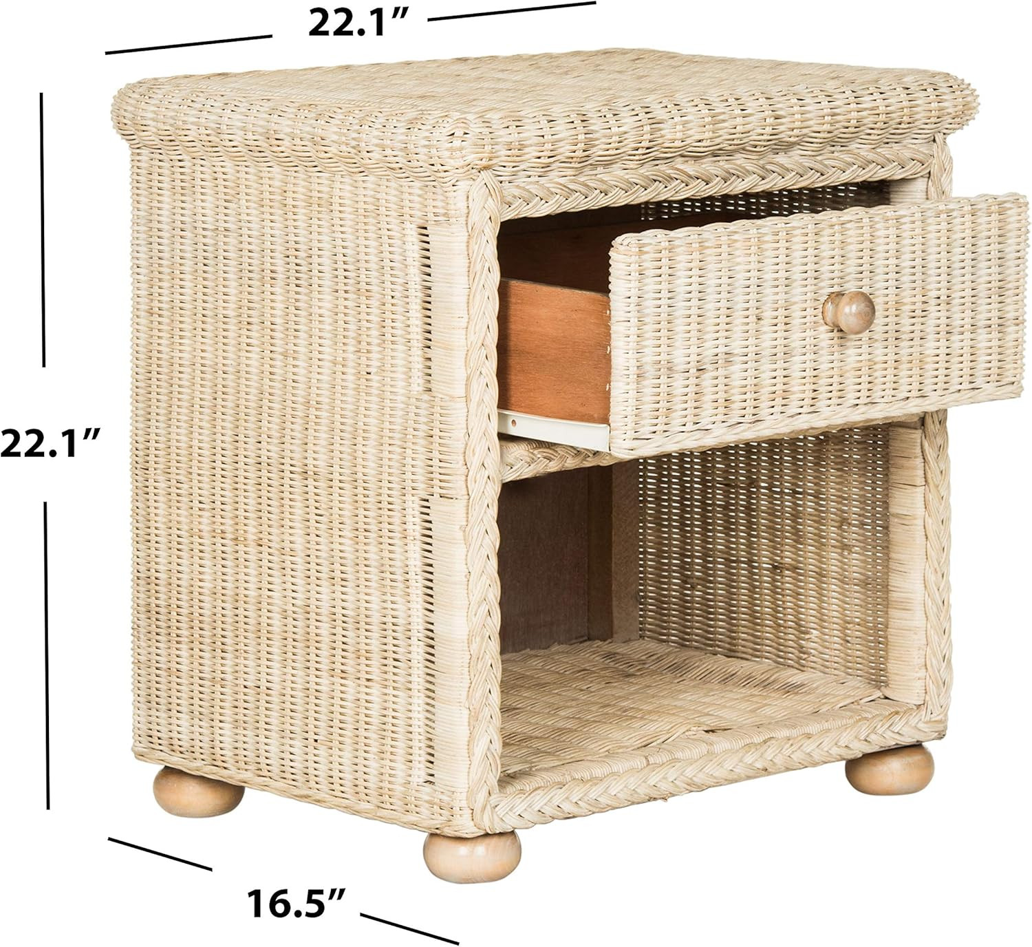 Adira White Wash Wicker Nightstand – Coastal Boho Accent Table with Shelf