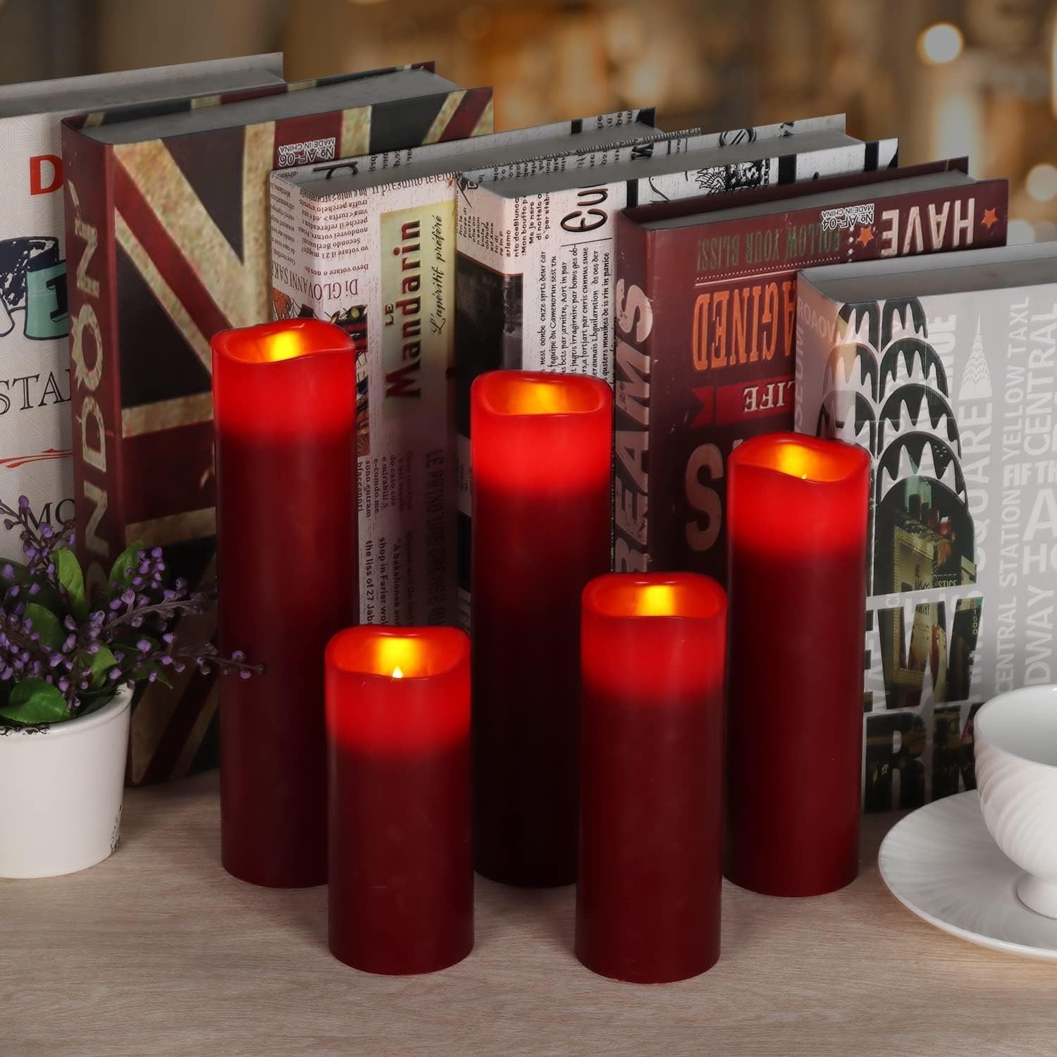 Cordless 9-Piece Burgundy LED Candle Collection – Remote Controlled Safety