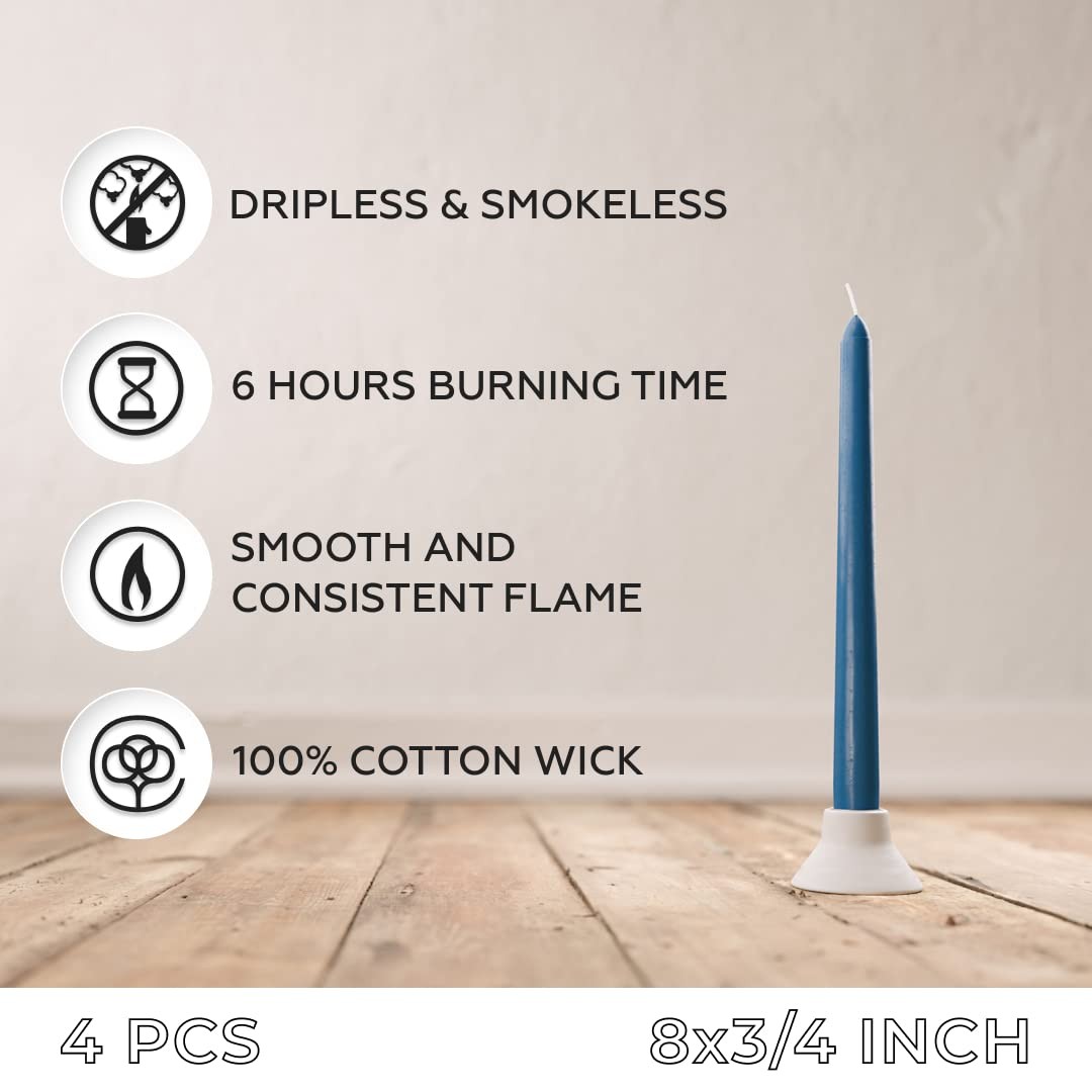 8 Inch Taper Candle Dripless Long Burning Smokeless Dark Blue 6Hour 4 PCS