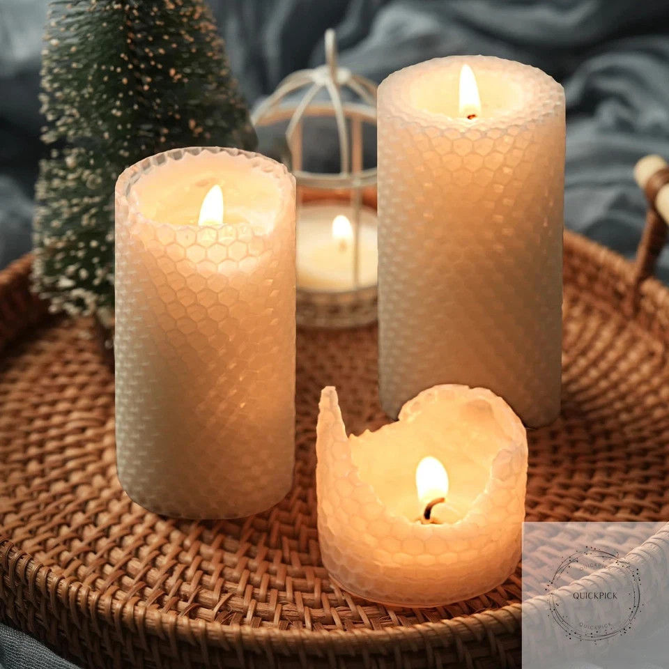 White Hand-Rolled Beeswax Candles, 4 Packs, 2×4 Inch White Honeycomb Pillar Cand