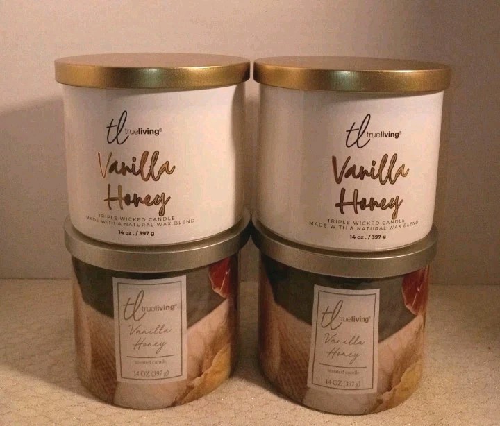 Set Of 4 TRUE LIVING ~VANILLA HONEY ~ 3WICK SCENTED CANDLES 14.5oz Brand New