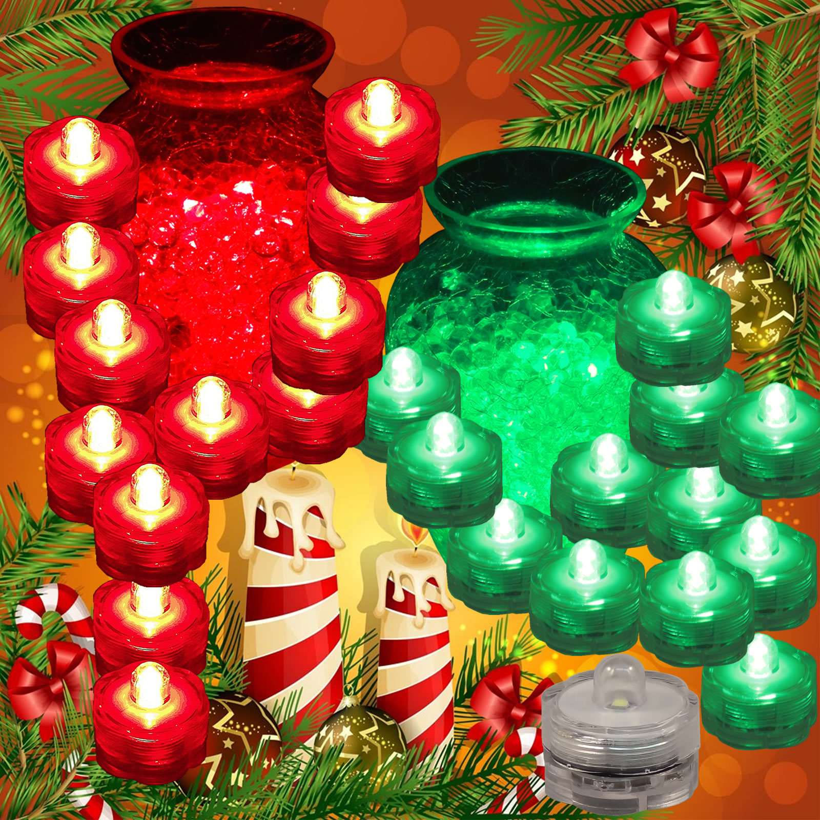 QTY 24 LED Submersible Underwater Christmas Tea lights Flameless 12 RED 12 GREEN