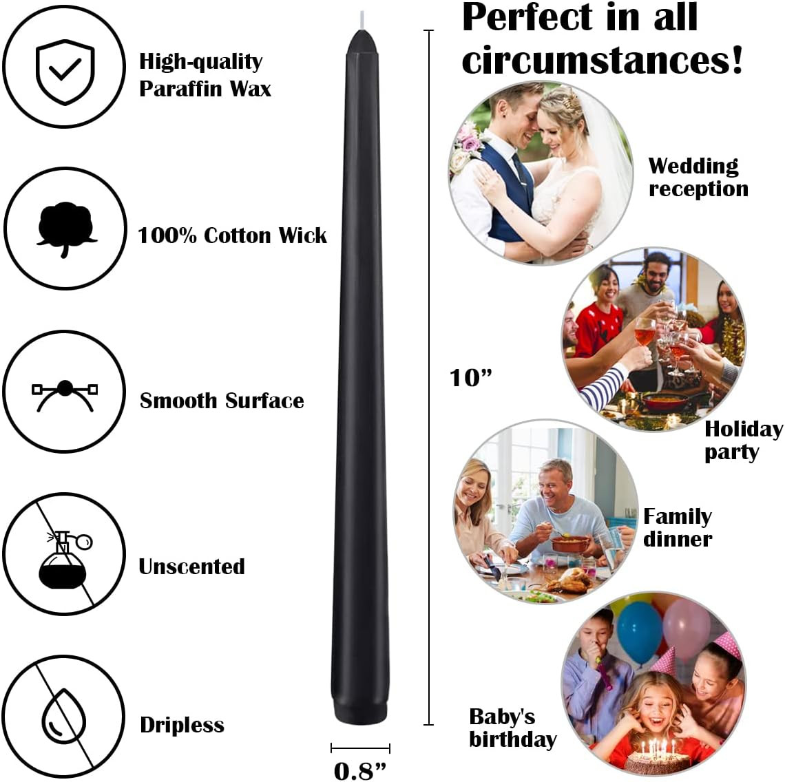 12-Pack Black Taper Candles, 10 Inch Unscented Dripless Candlesticks, Long-Lasti