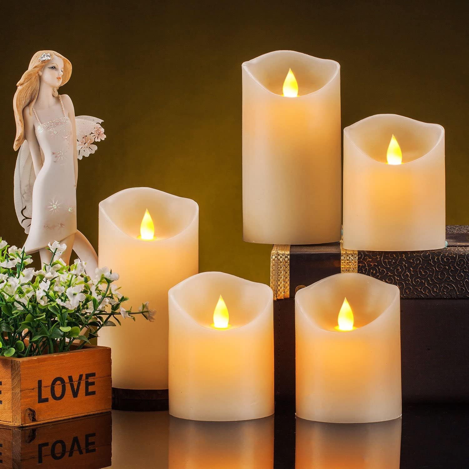 Flameless Candles, Flickering Moving Flame LED Candles Set of 5 (Size: D: 3″ x H