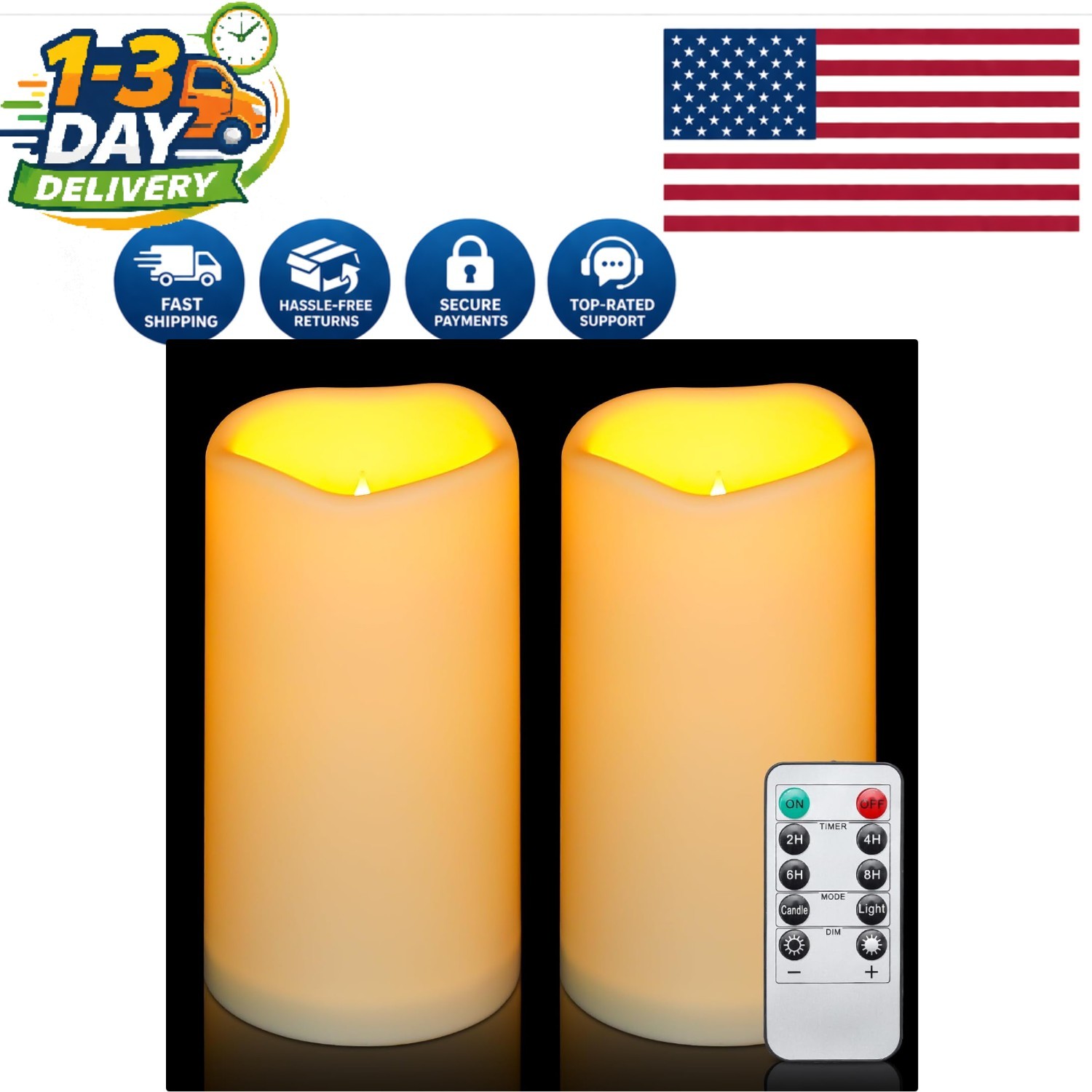 Classic Warm White LED Flameless Candles, Waterproof and Portable – 2 Count