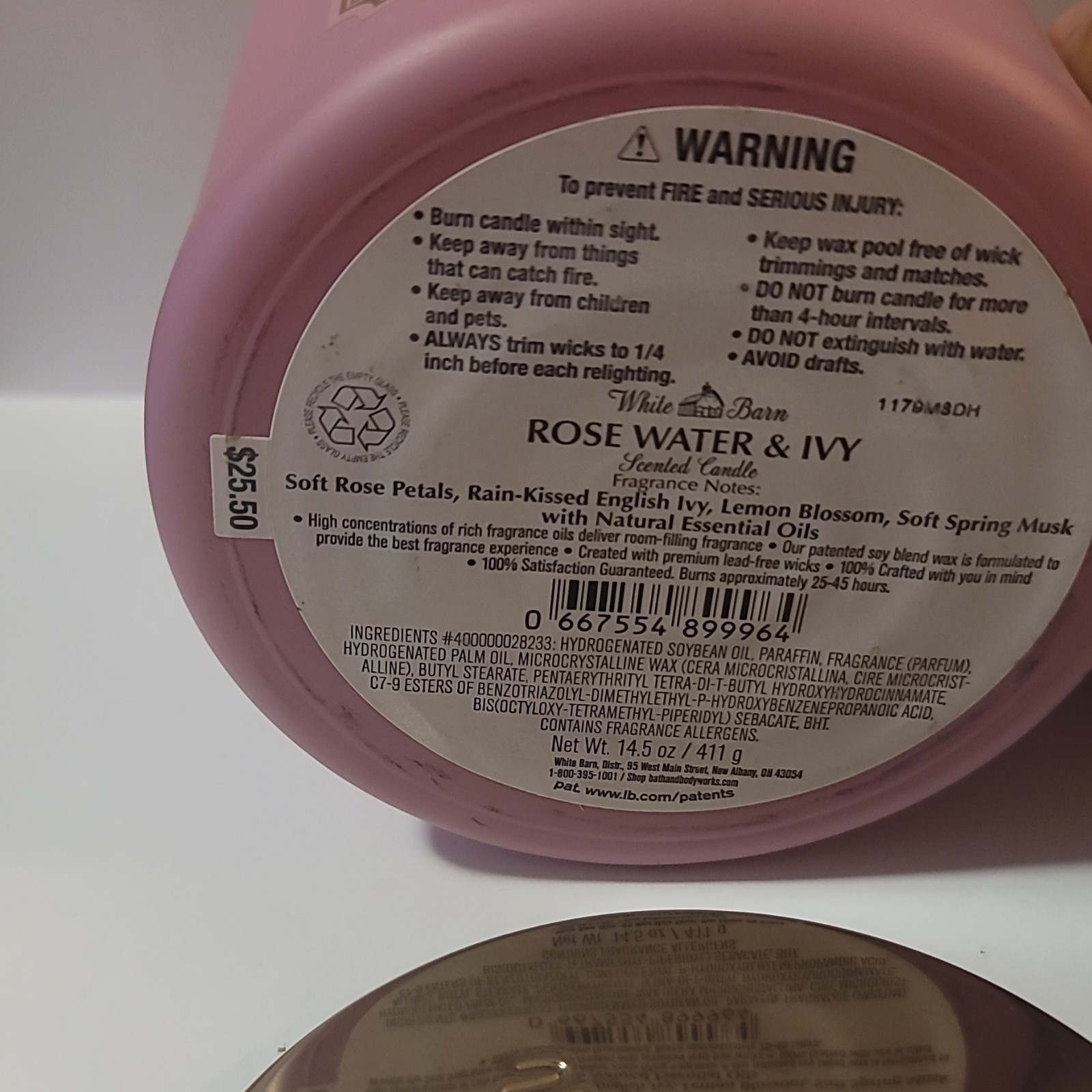 White Barn Rose Water & Ivy Scented Candle Pink Jar 3-Wick Round 14.5oz 25-45hr