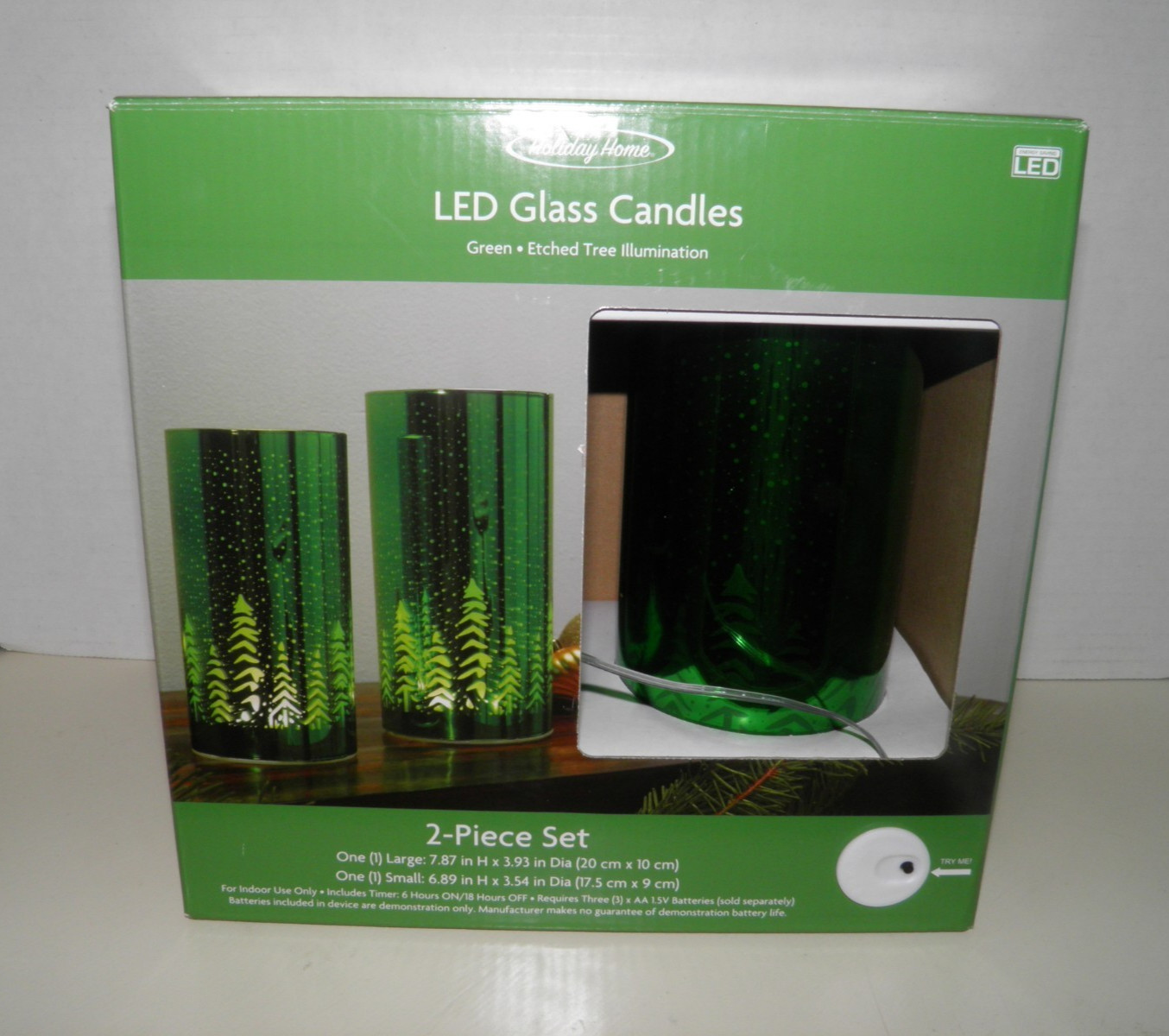 Holiday Home LED Glass Candles Green Etched Tree Illumination 2 Piece With Box