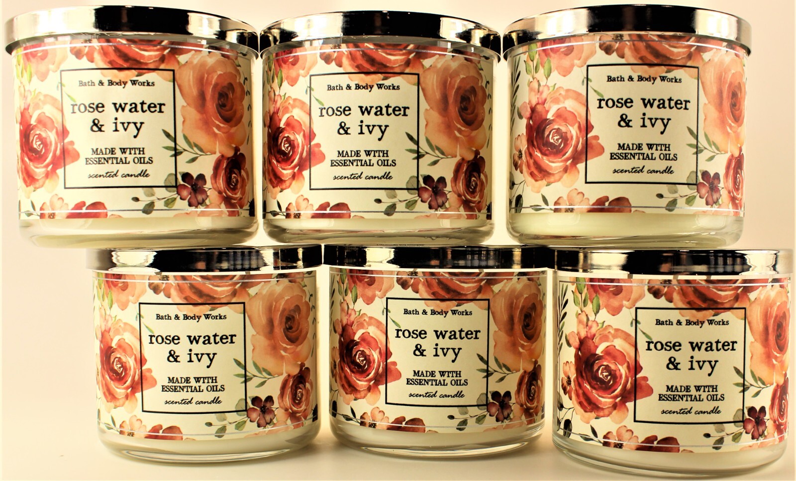 QTY 6 – Bath & Body Works ROSE WATER & IVY 3 Wick 14.5 Oz Scented Candle