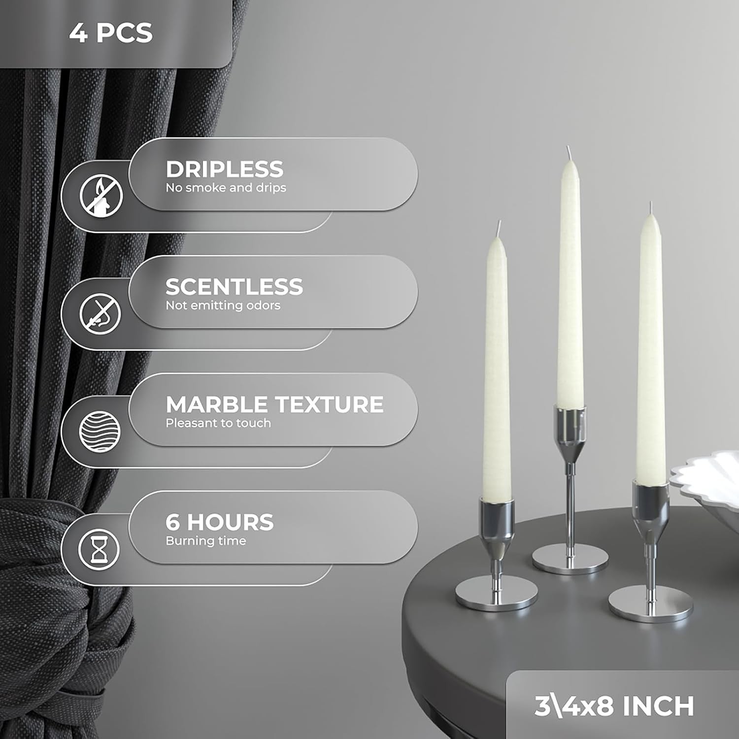 Long Burning 8 Inch Ivory Taper Candles – Set of 4 Dripless & Allergy-Friendly