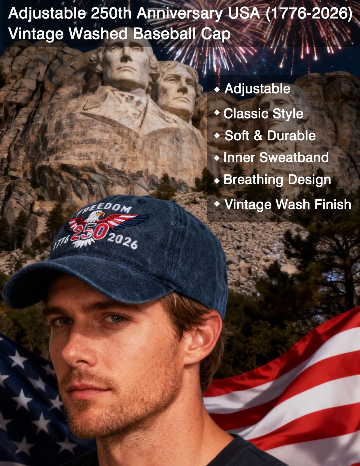 Patriotic American Baseball Cap Vintage Embroidered Eagle 250th Anniversary Unis