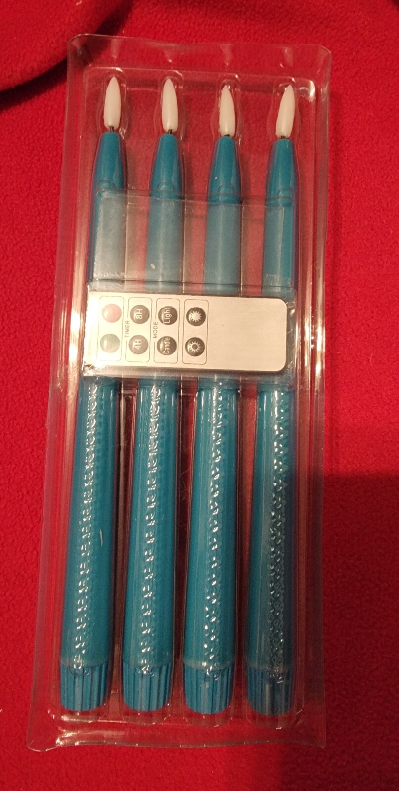4 Pack Flameless Fanna LED Turquoise Taper Candles Timer Remote Battery Operated