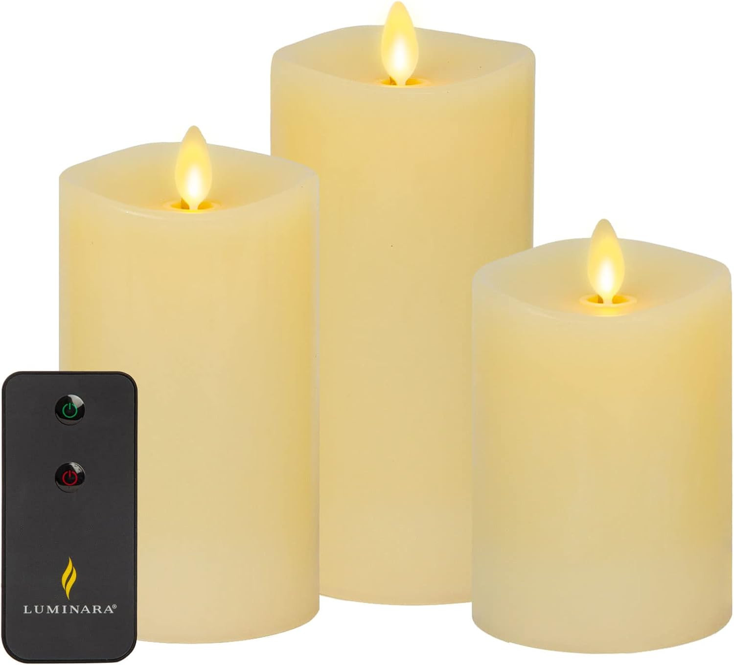 Flameless LED Pillar Candles Set of 3 Ivory Moving Flame Remote Timer – US
