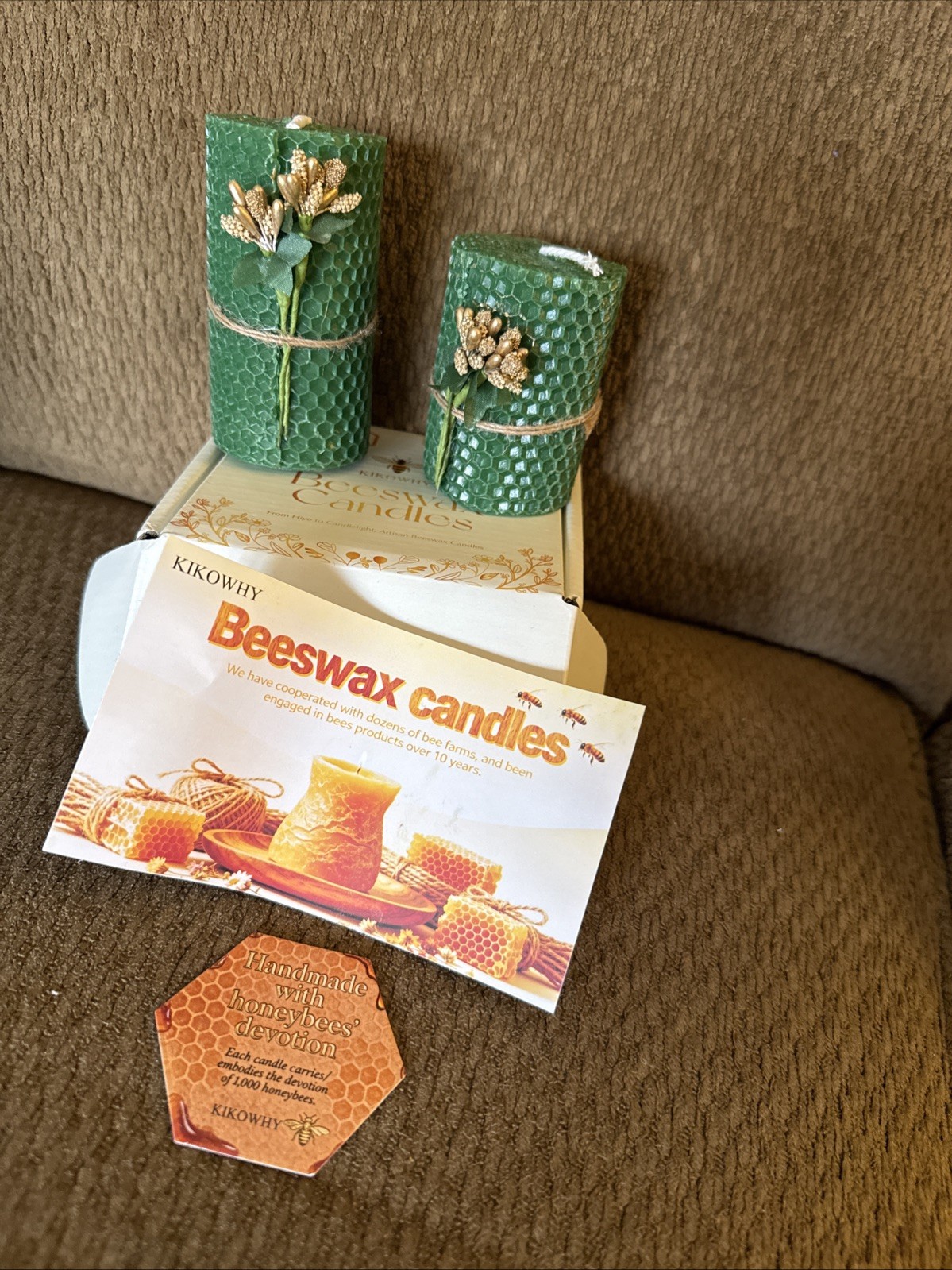 Set Of “2” Green Beeswax Candles In A Gift Box