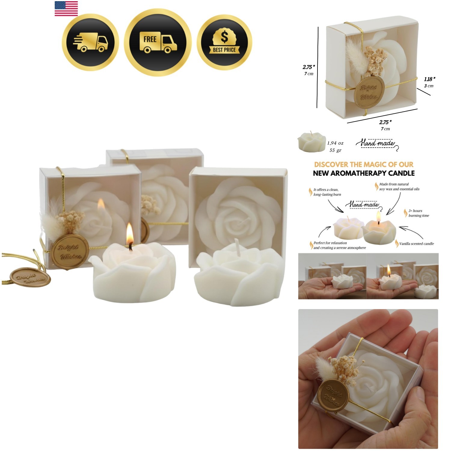 White Rose Shaped Scented Soy Wax Candle Favors 12 Pieces with Seal Wax and D…