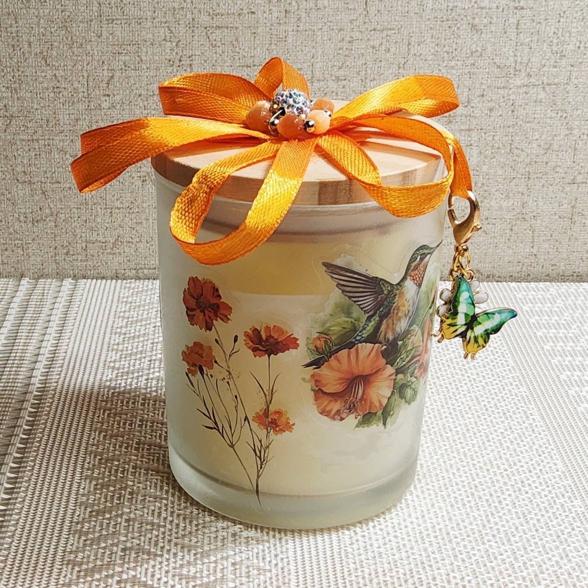 Decorative Glass Jar Candle Floral Hummingbird Butterfly, White/Orange/Green