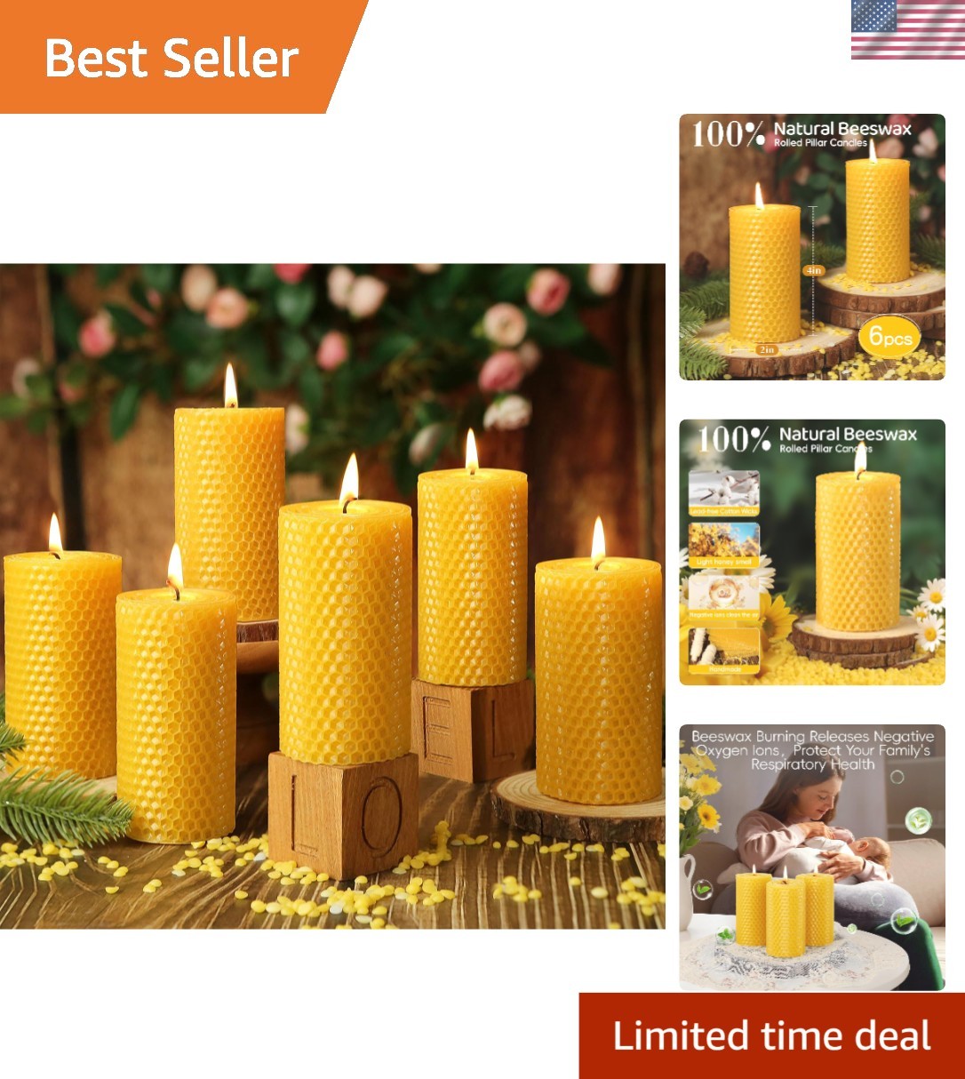 6-Pack Handmade Beeswax Pillar Candles – 120 Hours Dripless & Smokeless