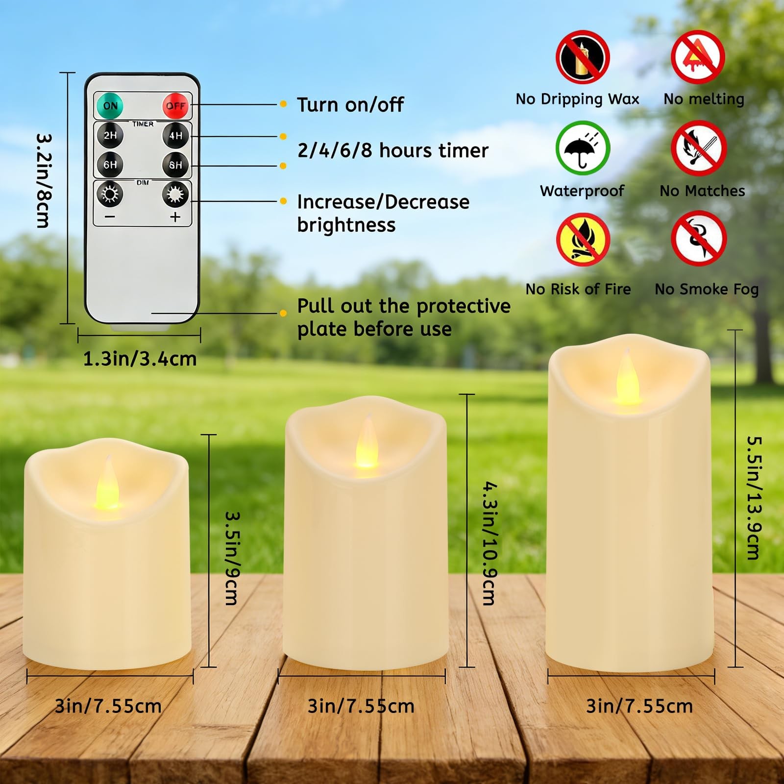 Outdoor Indoor Flameless Candles, Patented 3D Dual-, Set of 3 Slanted Top Dur…