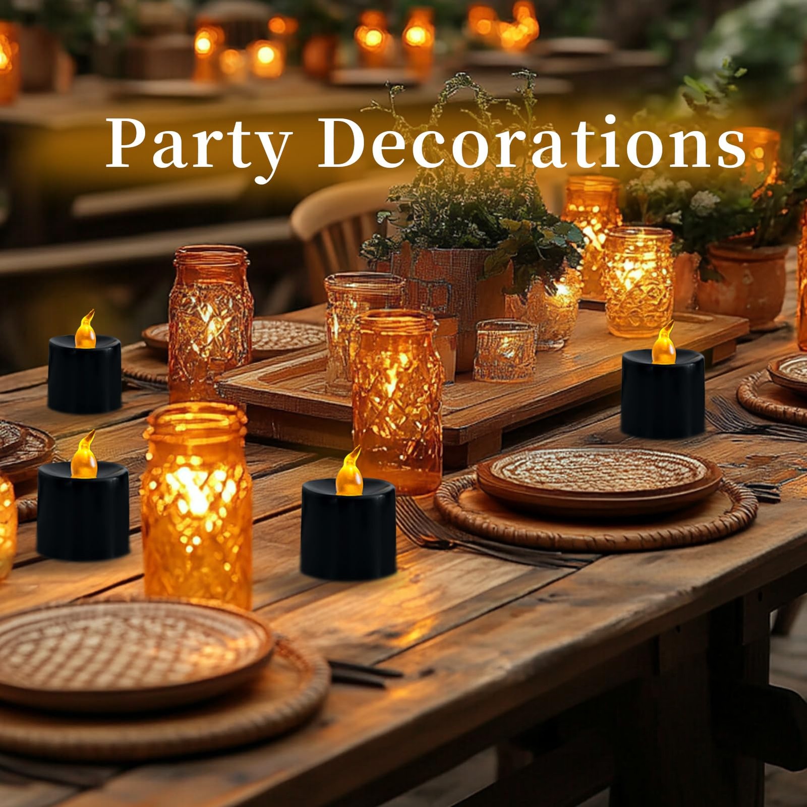 24 Pack Black Tea Lights Candles, Flickering Warm Yellow Flameless LED Tealig