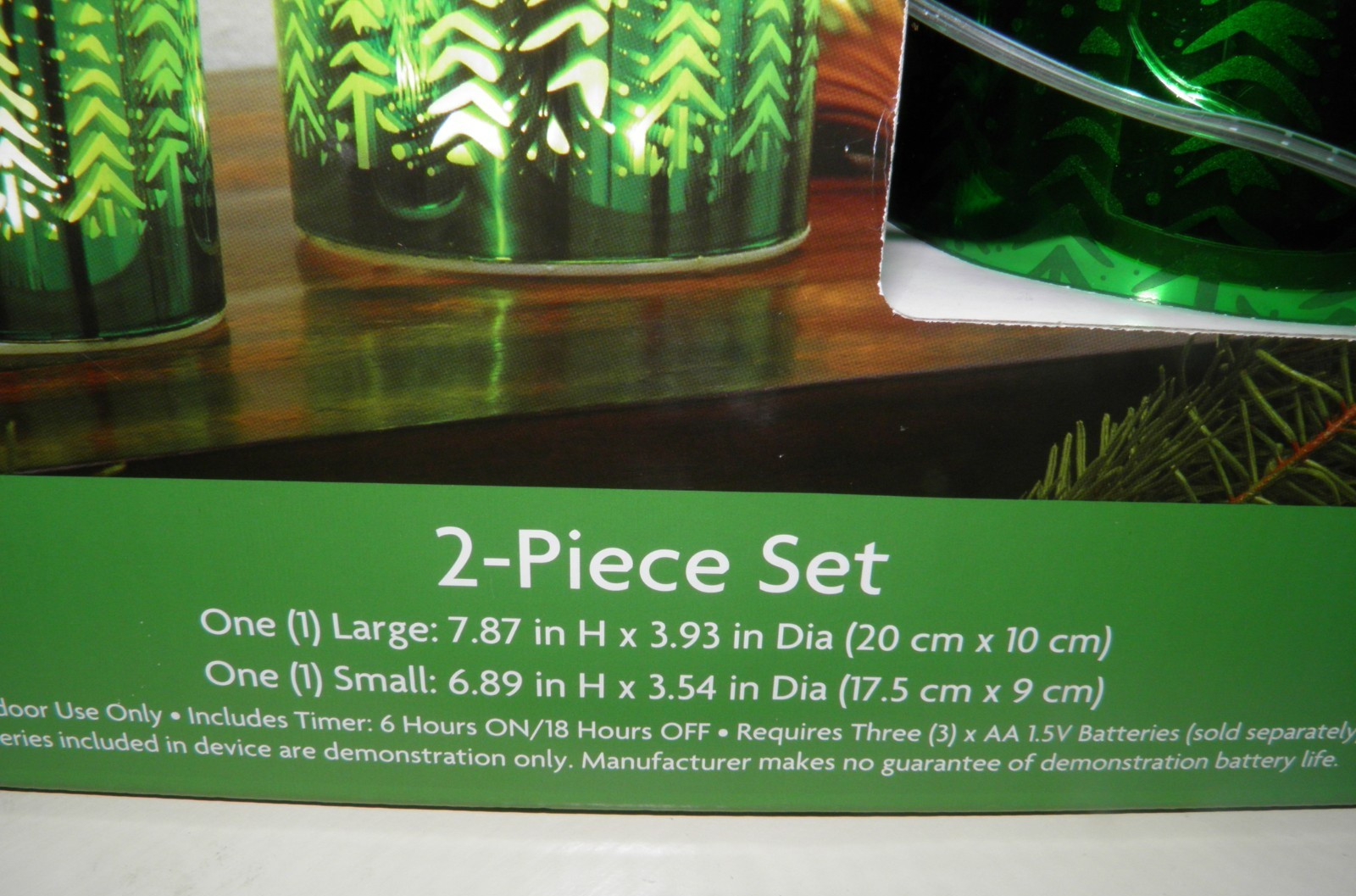 Holiday Home LED Glass Candles Green Etched Tree Illumination 2 Piece With Box