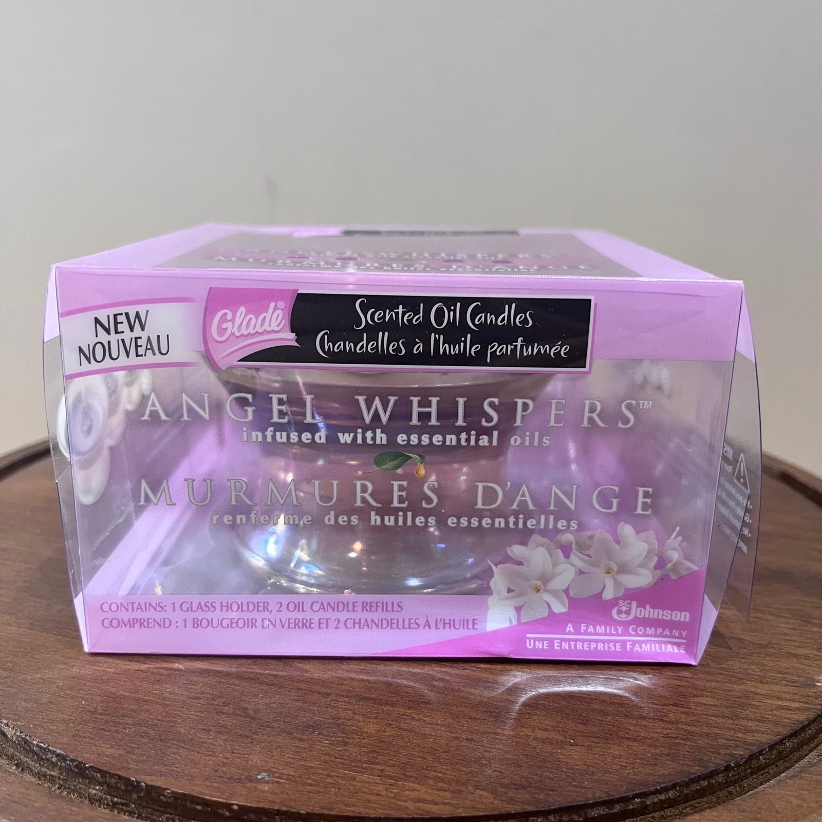 Glade Angel Whispers Scented Oil Candles Kit Glass Holder 2 Refills Discontinued