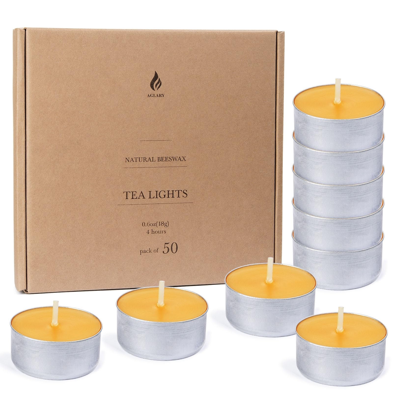 50Pack Pure Beeswax Tealight Candles in Aluminum Cups 45 Hour Burn Time, Lea…