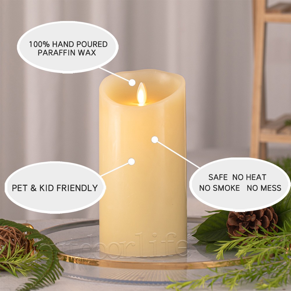 Luminara Flameless Pillar Wax Candles with Moving Flame Remote Ivory Set of 3
