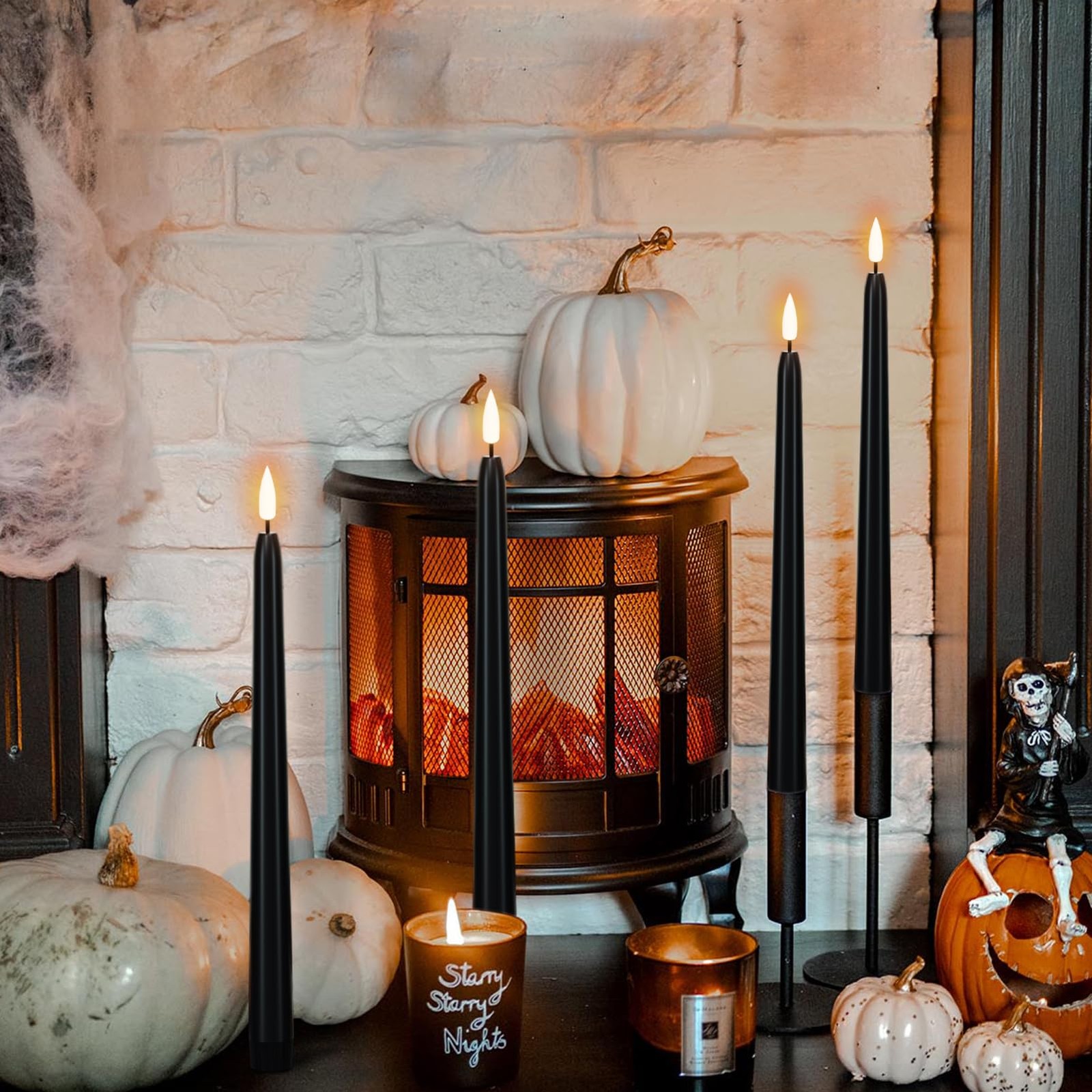 Halloween Flameless Taper Candles with Remote & Timer, 4 Pack Black Candles B…