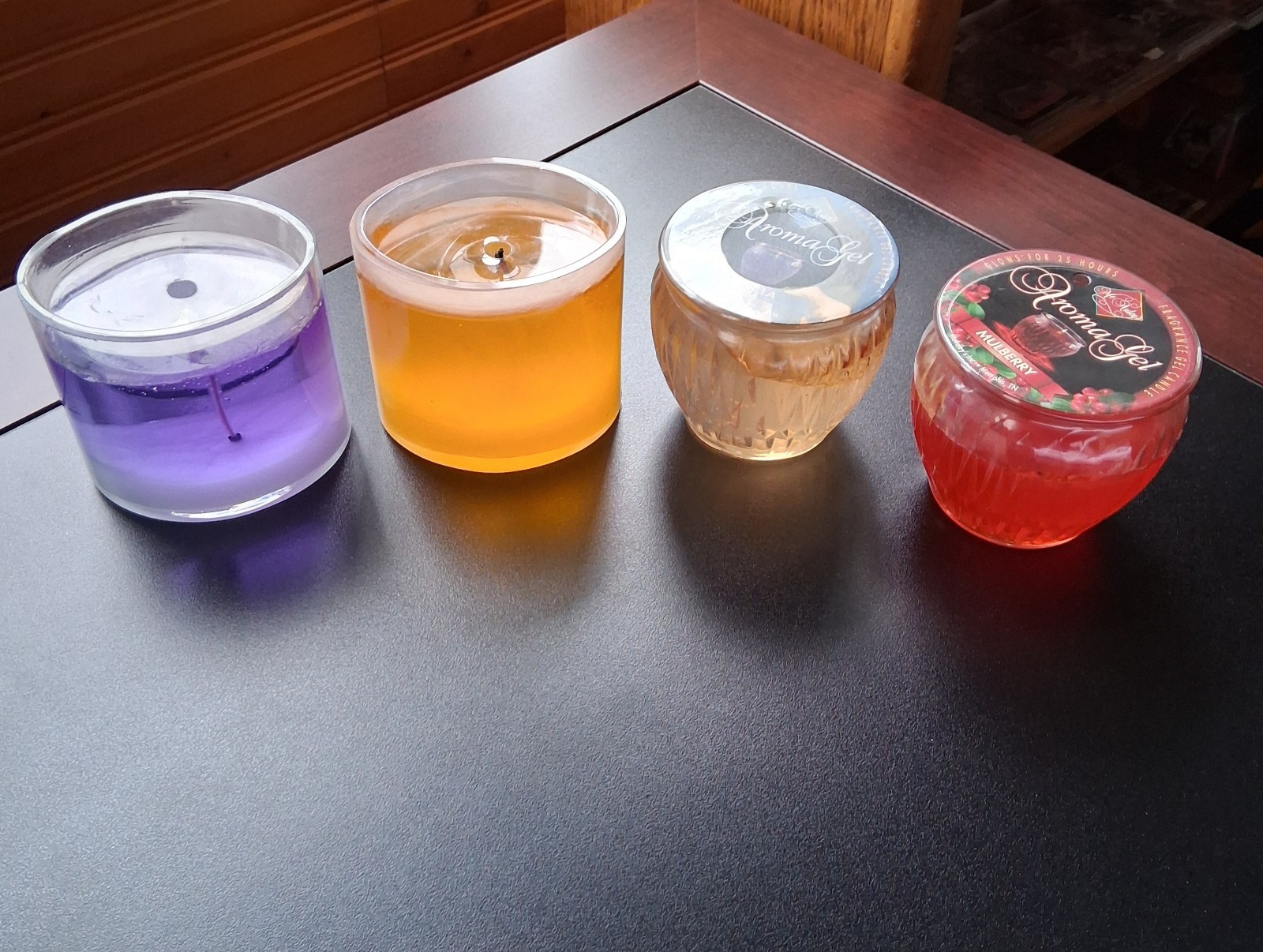 Gel Candle Lot of 4 McAuley’s Vanilla and Mulberry, Purple and Yellow Oval 3″