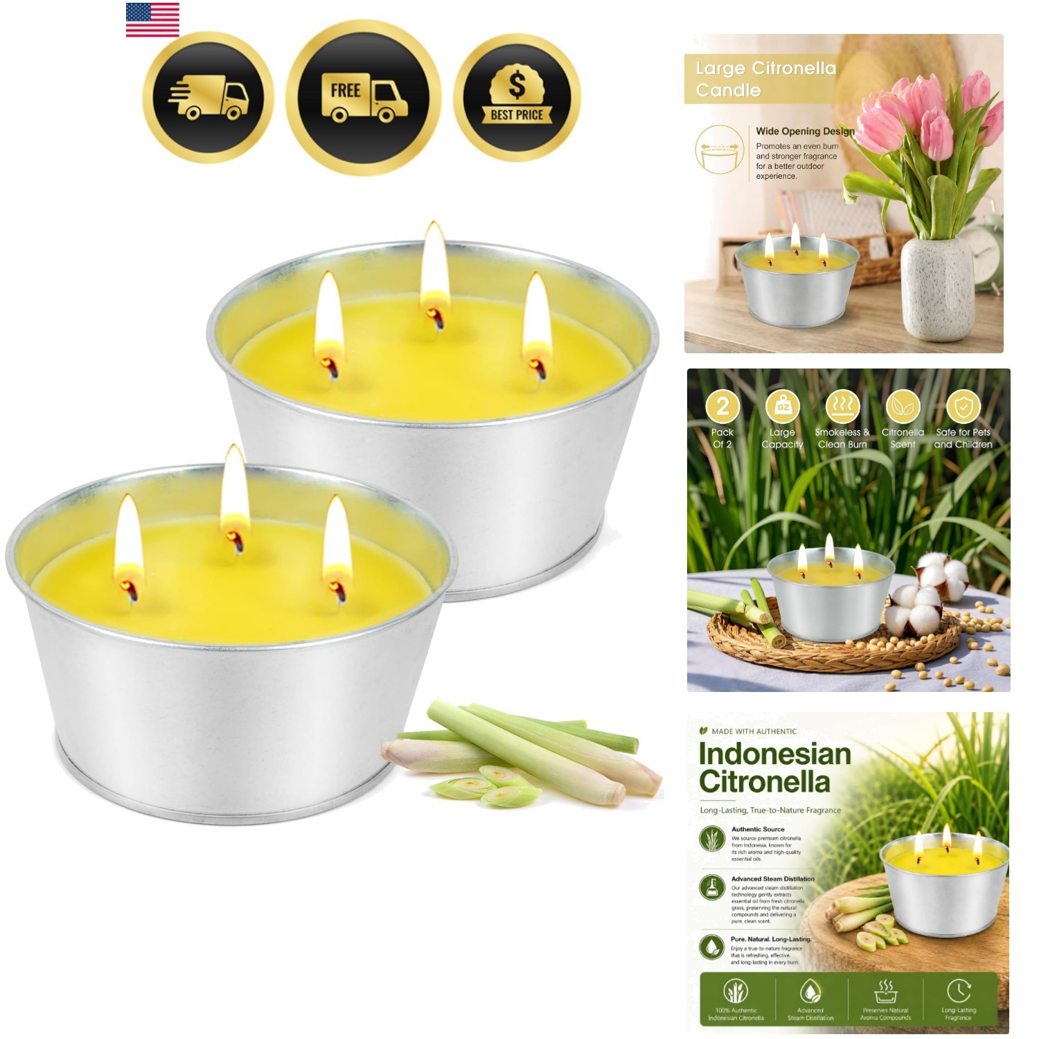 Large Citronella Candles Outdoor – Lemongrass Scented Candle Set 2 Pack Natur…