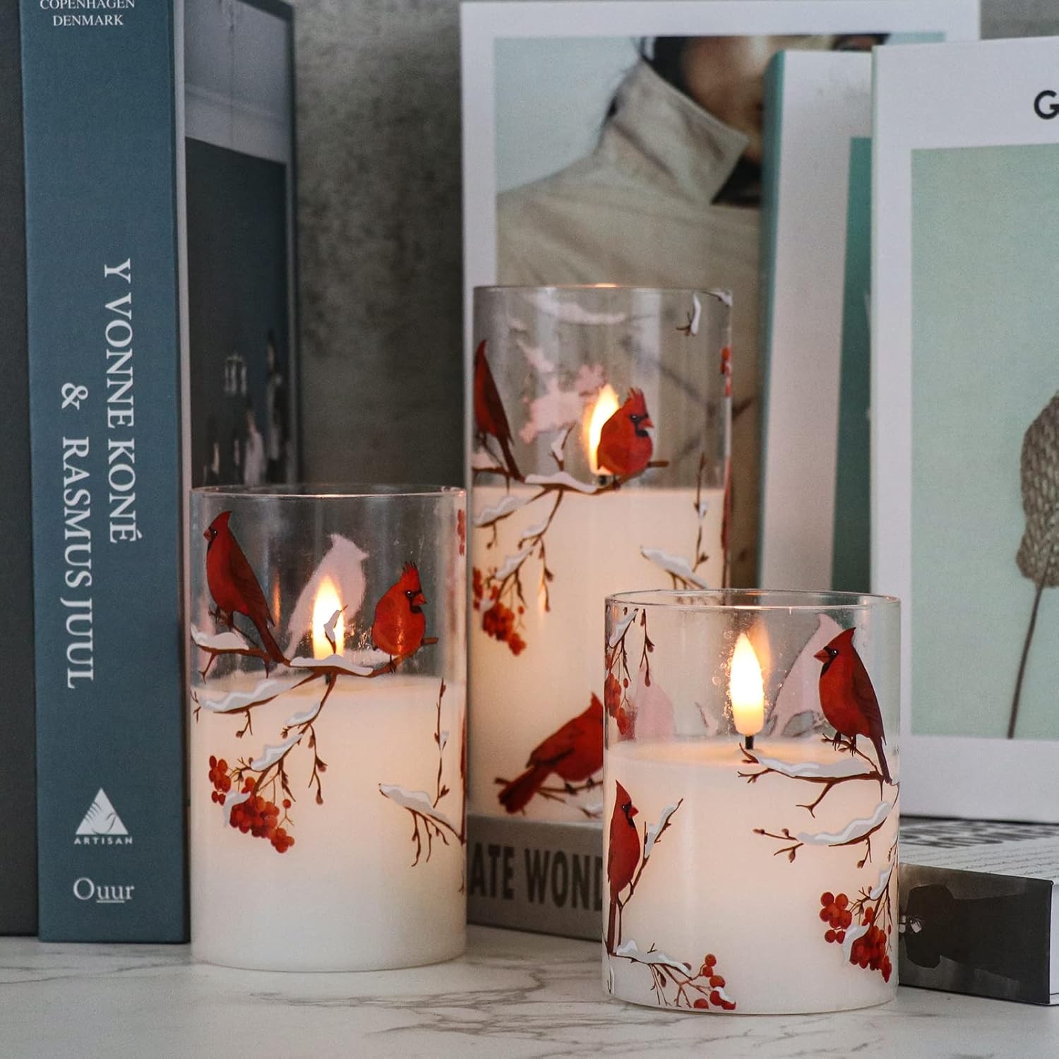 GenSwin Red Bird Glass Flameless Candles with Remote Timers, Battery Operated