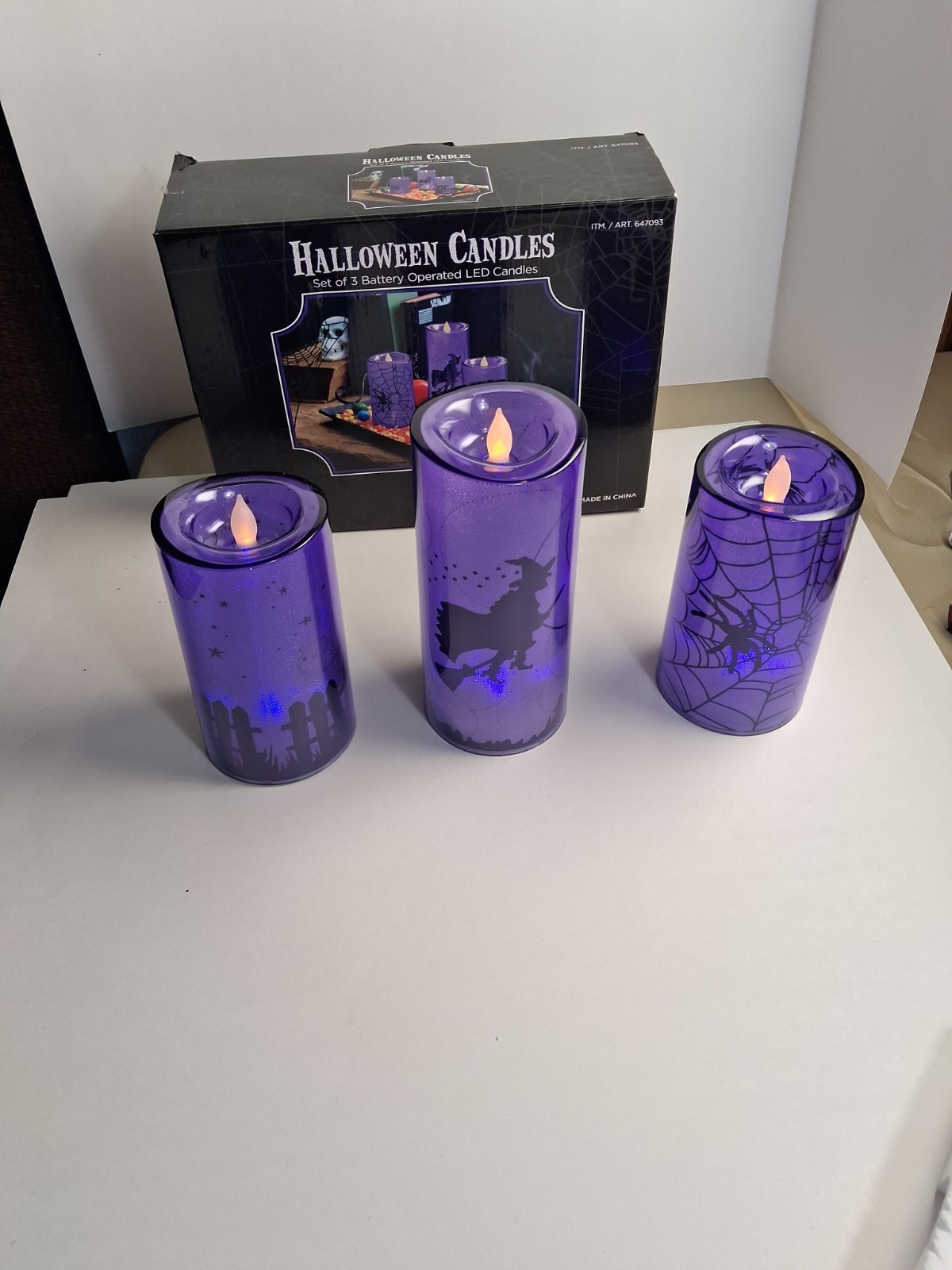 LED Halloween Candles Battery Operated Purple Set of 3 Witch Cat Spider Working