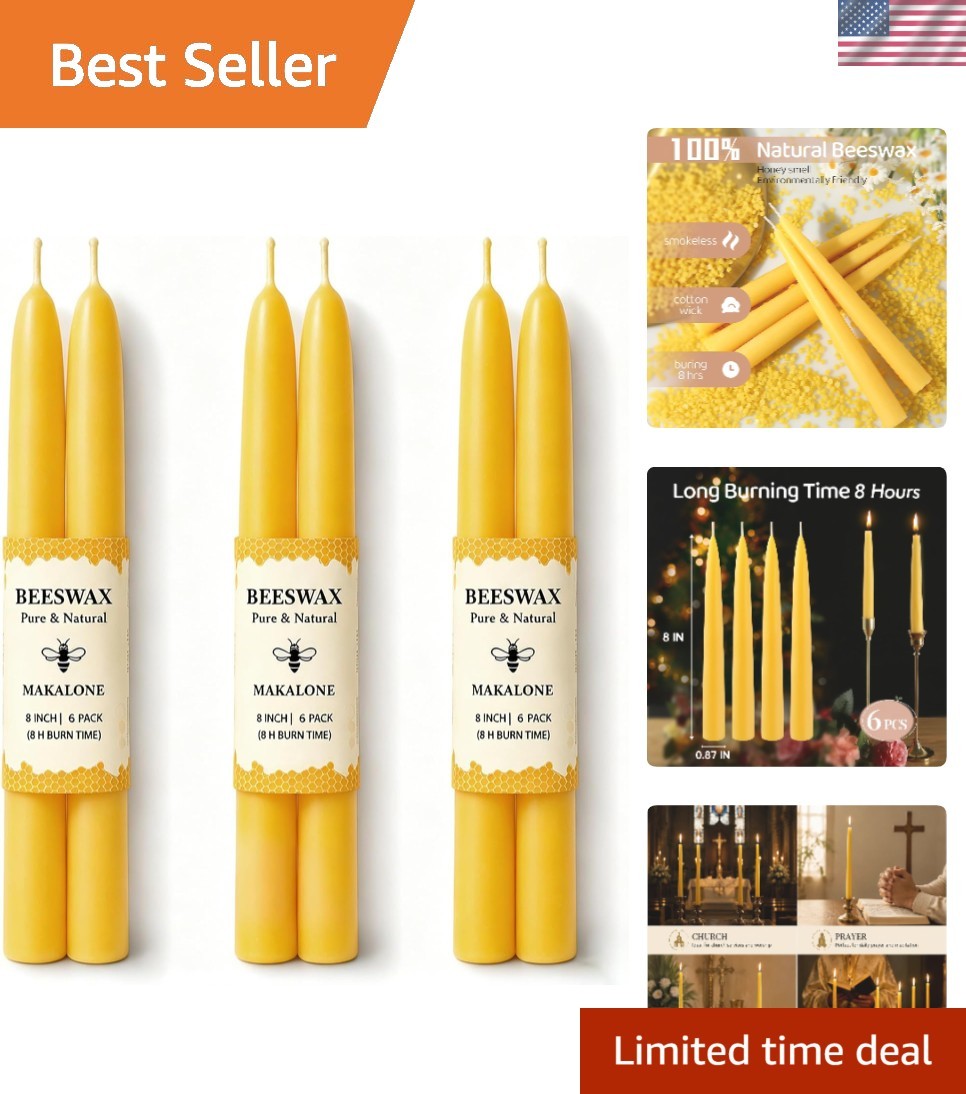 Handmade Beeswax Taper Candles – Elegant 6 Pack for Wedding, Prayer, or Home