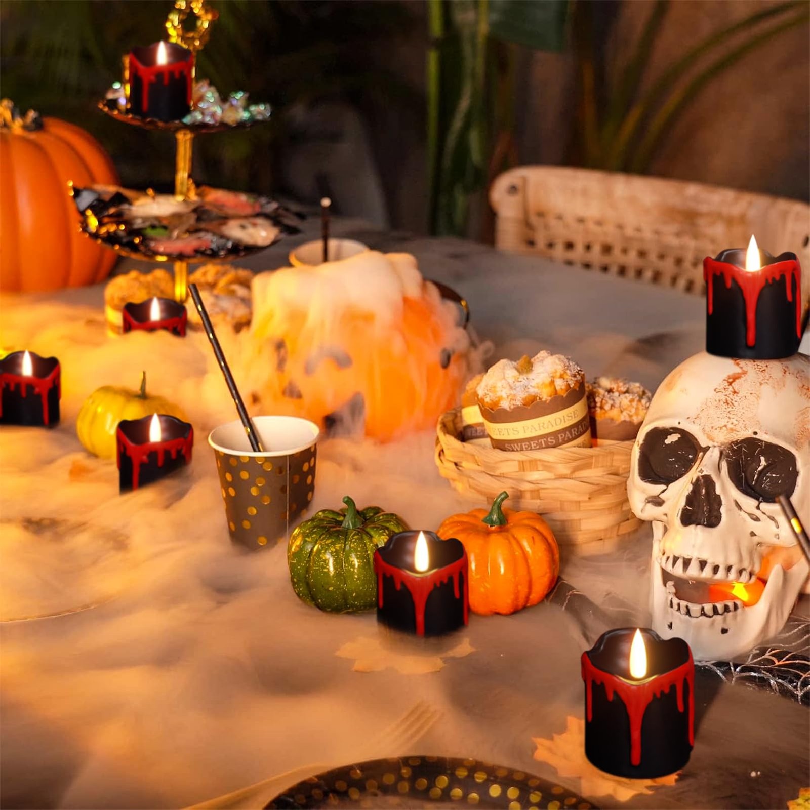 KunSwenn Halloween Black Votive Tea Lights Flameless Candles Battery Operated