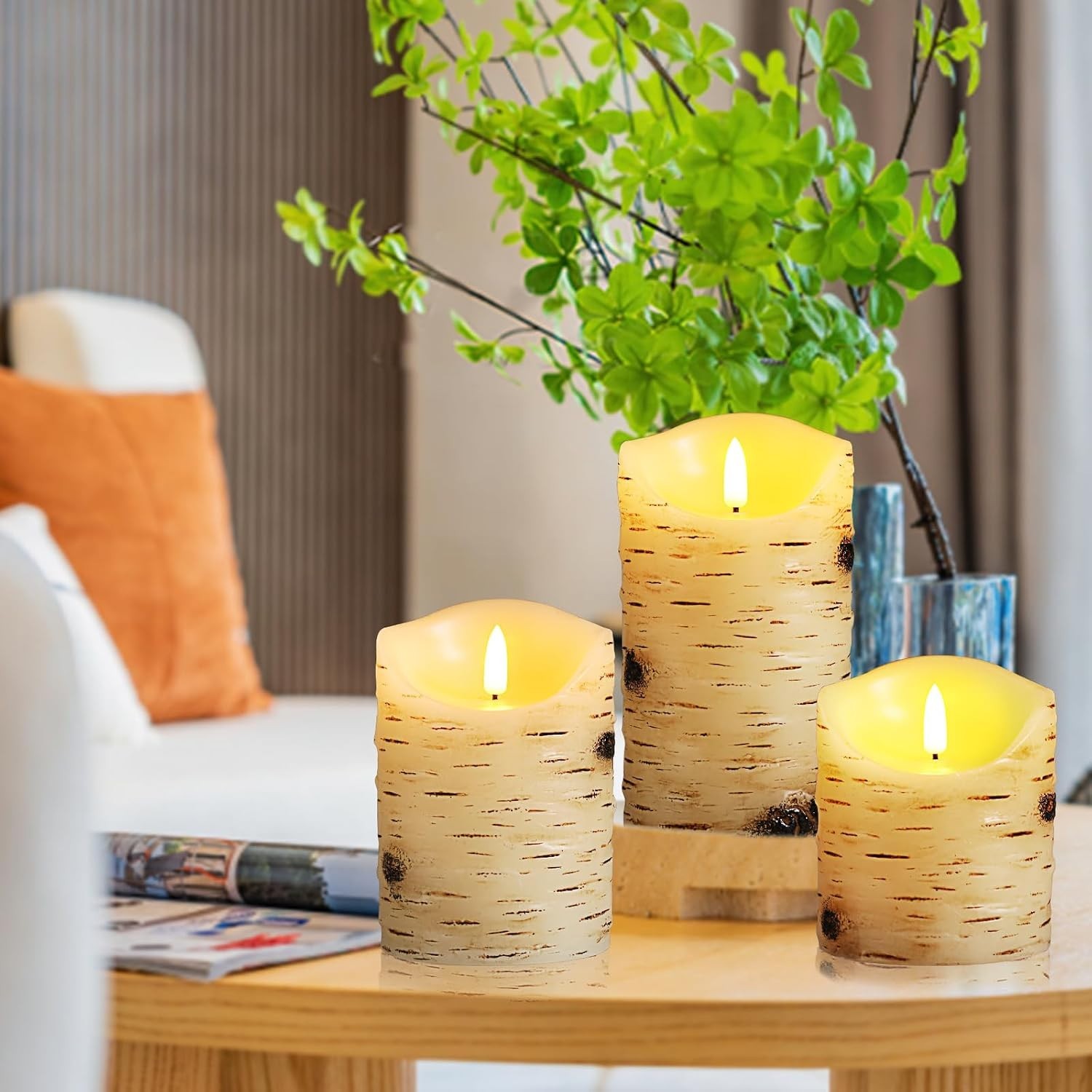 Flameless Candles LED Candles Birch Bark Set of 3 D 3.25″ x H 4″ 5″ 6″ Ivory …