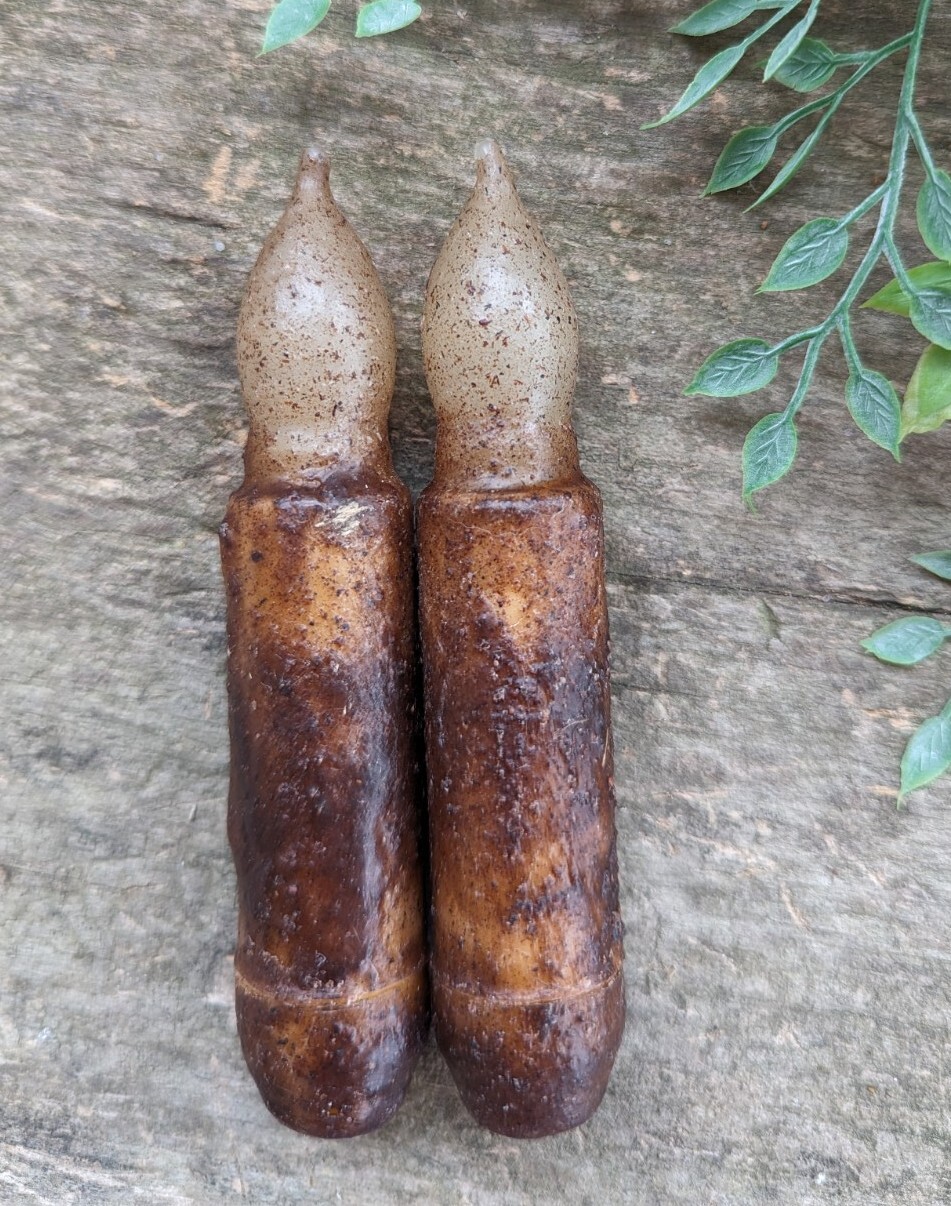 Set 2 Mustard Cinnamon Taper NON TIMER Candle 4 1/2″ battery Grungy Primitive