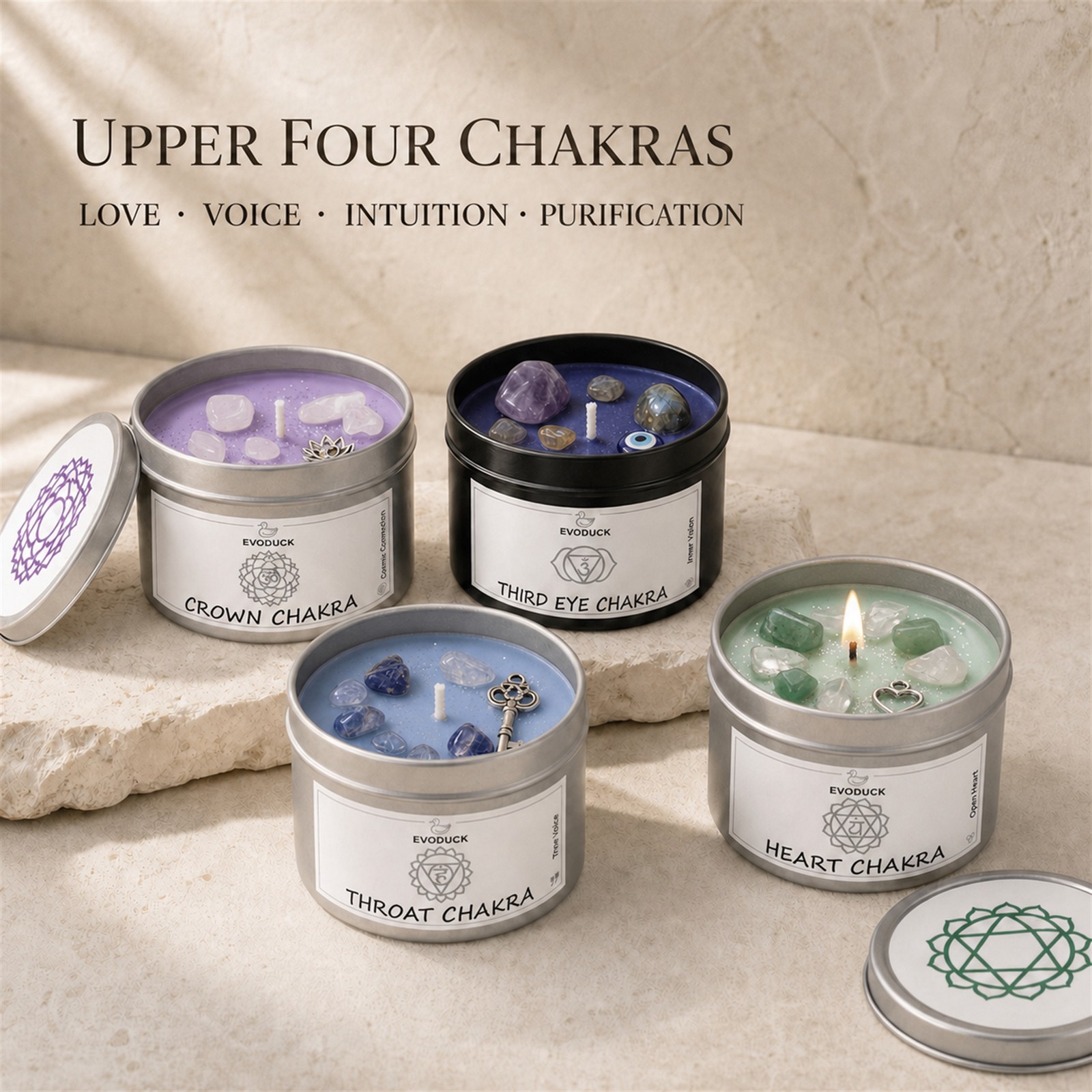 4-Piece EVODUCK Upper Chakra Healing Candle Set, Crystals, Meditation