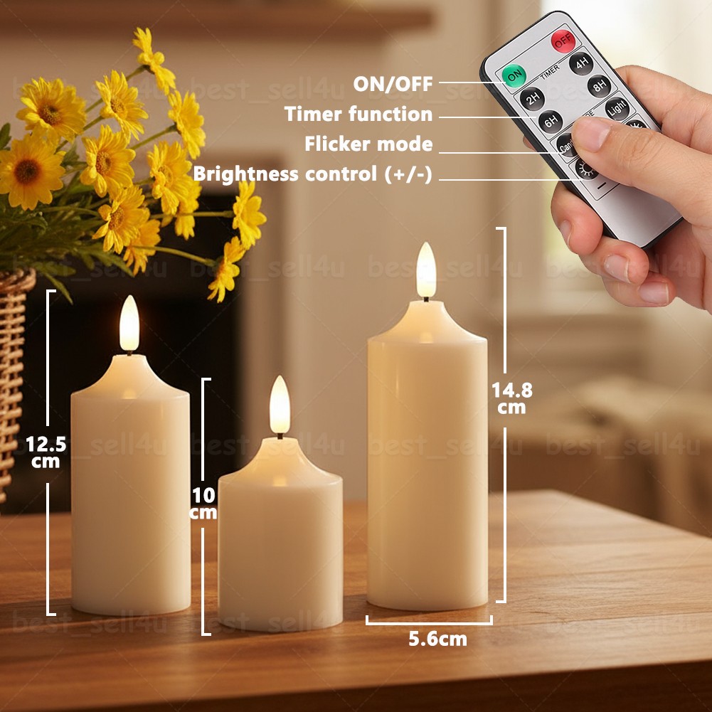Set of 3 Flameless Flickering LED Pillar Candles with Timer Remote Home Decor