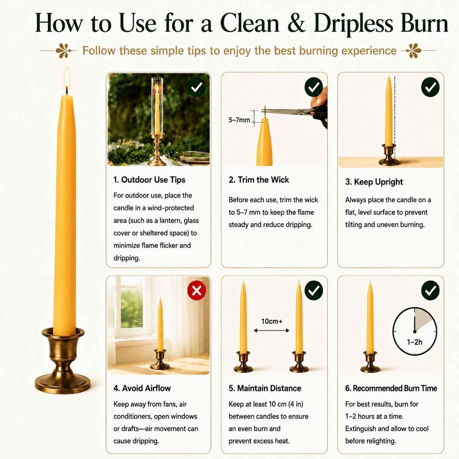 Handmade Beeswax Taper Candles – Elegant 6 Pack for Wedding, Prayer, or Home