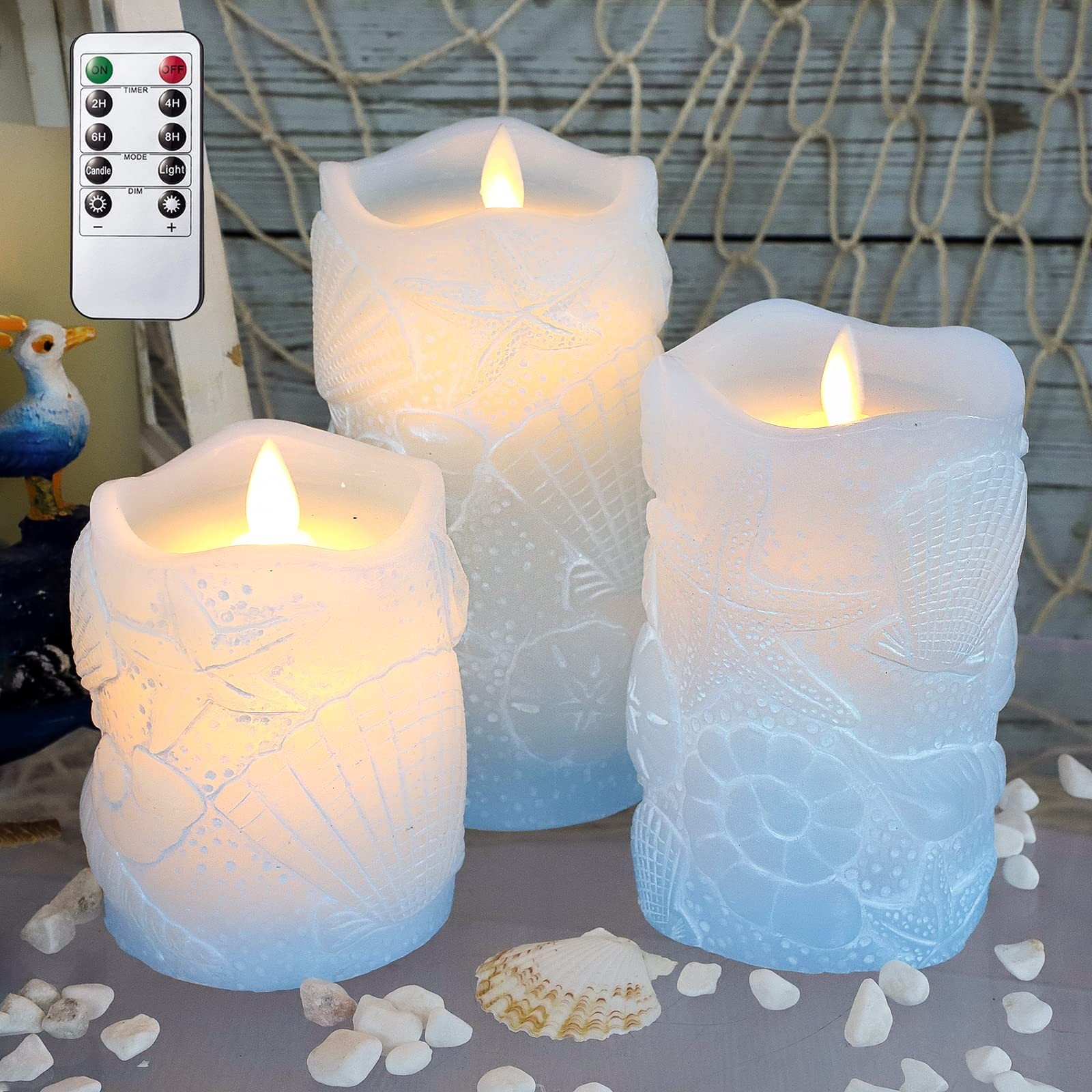 Ocean Blue Flameless Candles Flickering Wick Real Wax Shell LED Candles with Rem