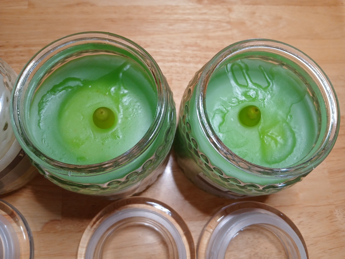 Green White Flameless Candles LED Real Wax Glass Jar 4pc Lot Battery Timer Set