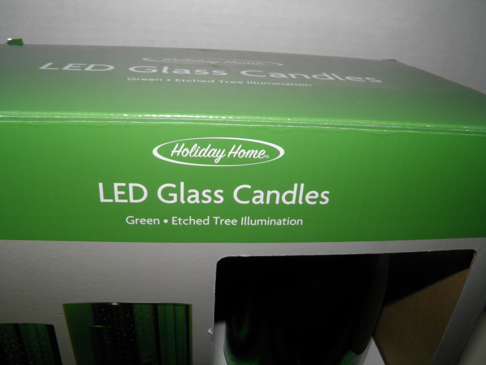Holiday Home LED Glass Candles Green Etched Tree Illumination 2 Piece With Box
