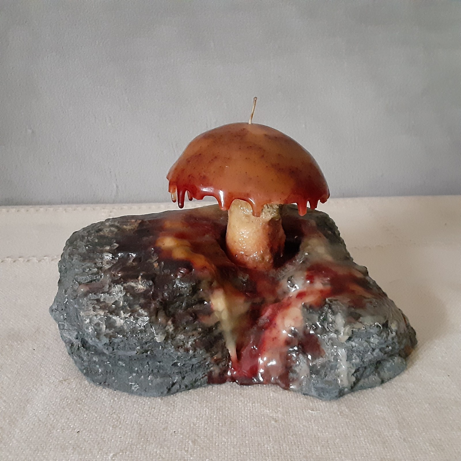 Mushroom Candle Dripping On a Black Rock Decor – Wick Never Lit 8″ Wide Heavy
