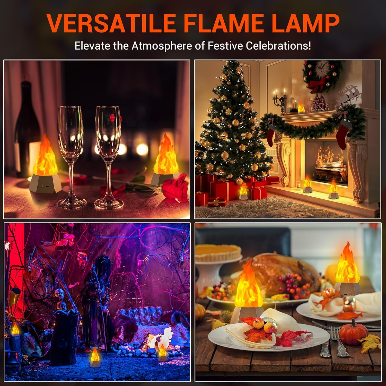 3-Mode LED Flame Lamp, USB Rechargeable Flickering Fire Light for Outdoor/Indoor
