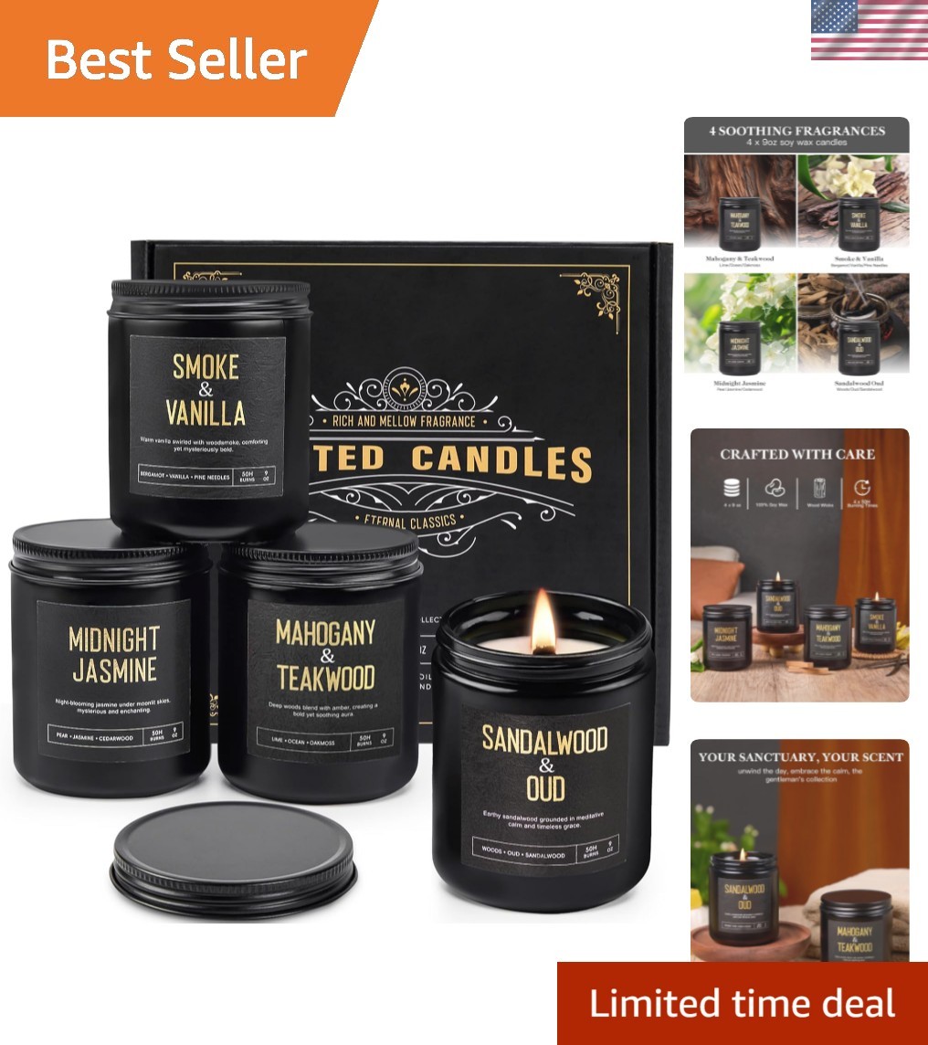 Men’s Candle Gift Set, 4 Pack Crackling Wood Wick Soy Scented Candles, 36oz M…