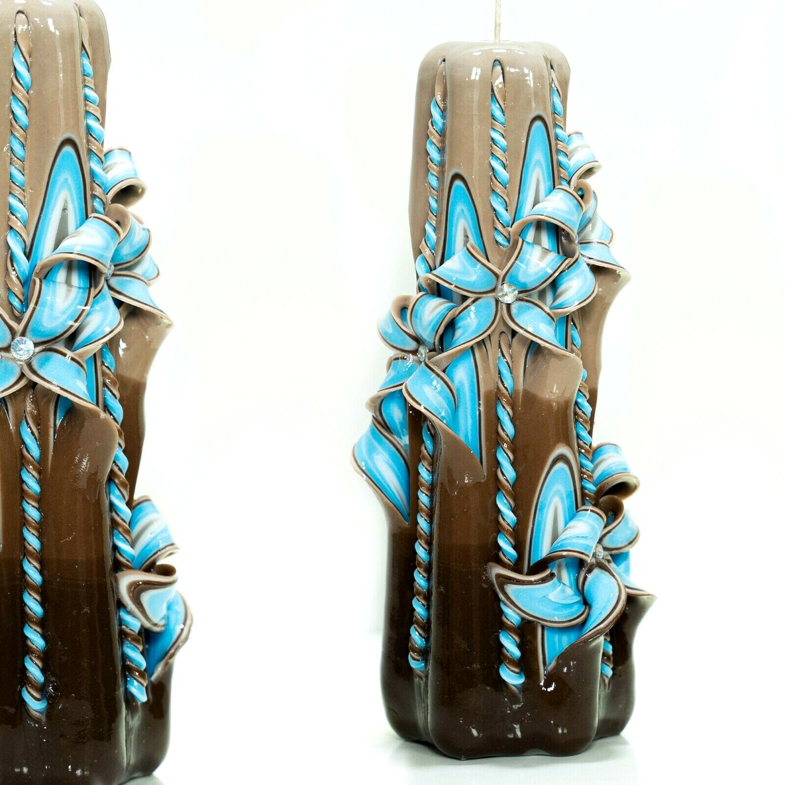 Blue Flowers – Carved candle – Easter – Gift Wedding Brown Blue