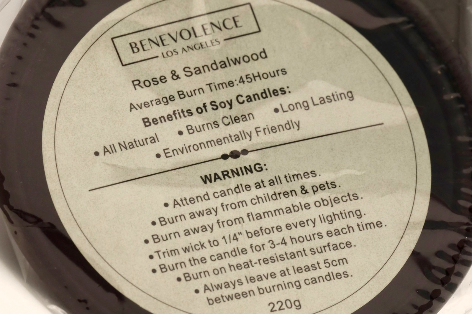 Benevolence Los Angeles Rose & Sandalwood Soy Candle 220g NIB Matte Black