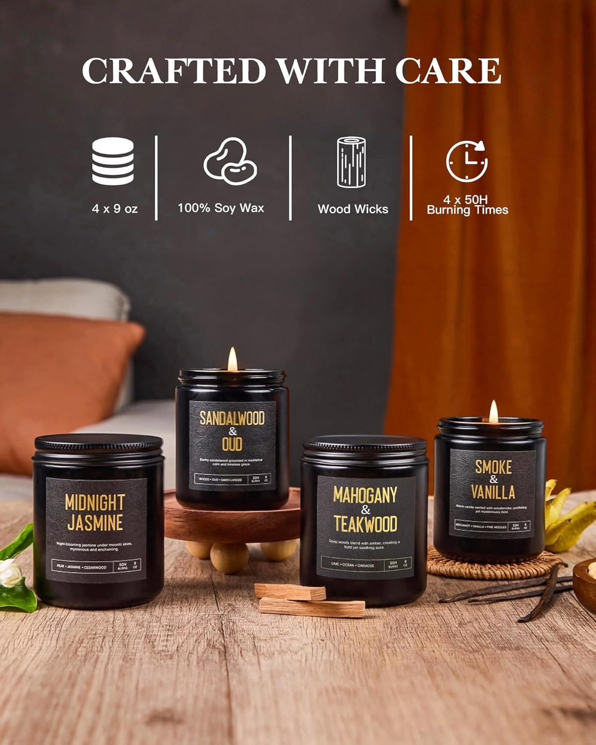 Men’s Candle Gift Set, 4 Pack Crackling Wood Wick Soy Scented Candles, 36oz M…