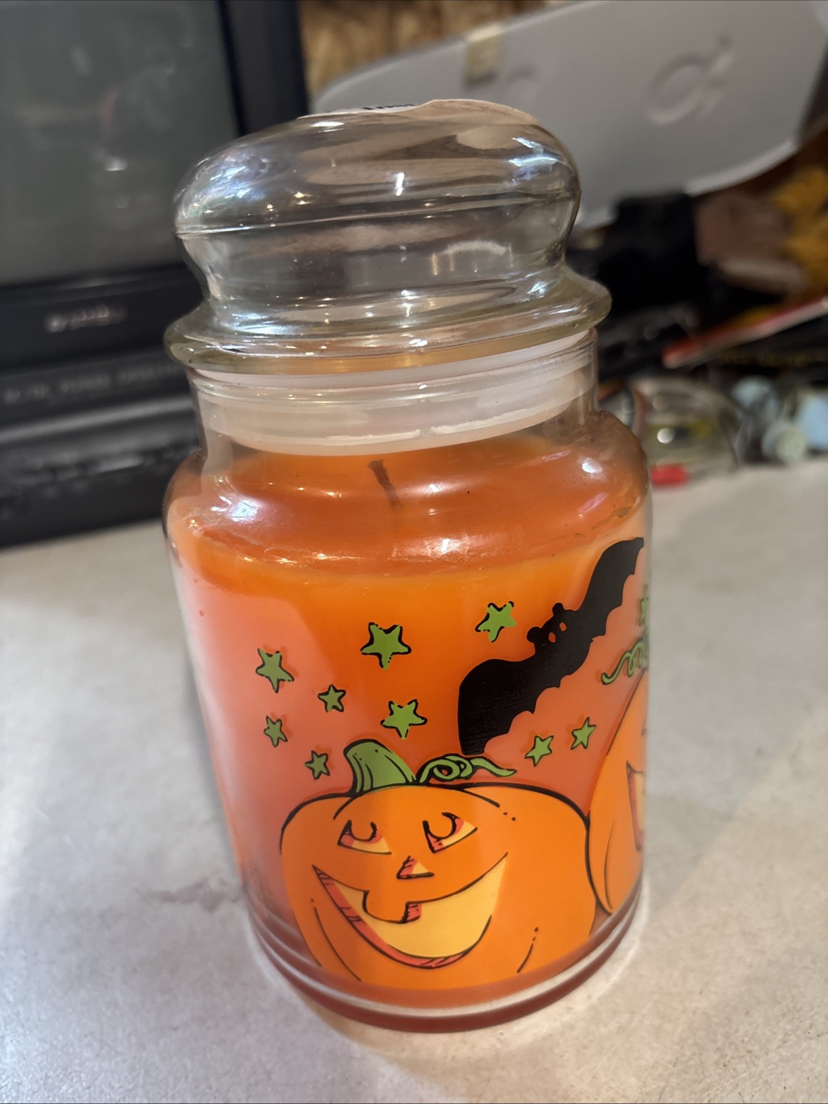 Large Pumpkin & Bats Candle Fall Autumn Halloween Orange Never Burned