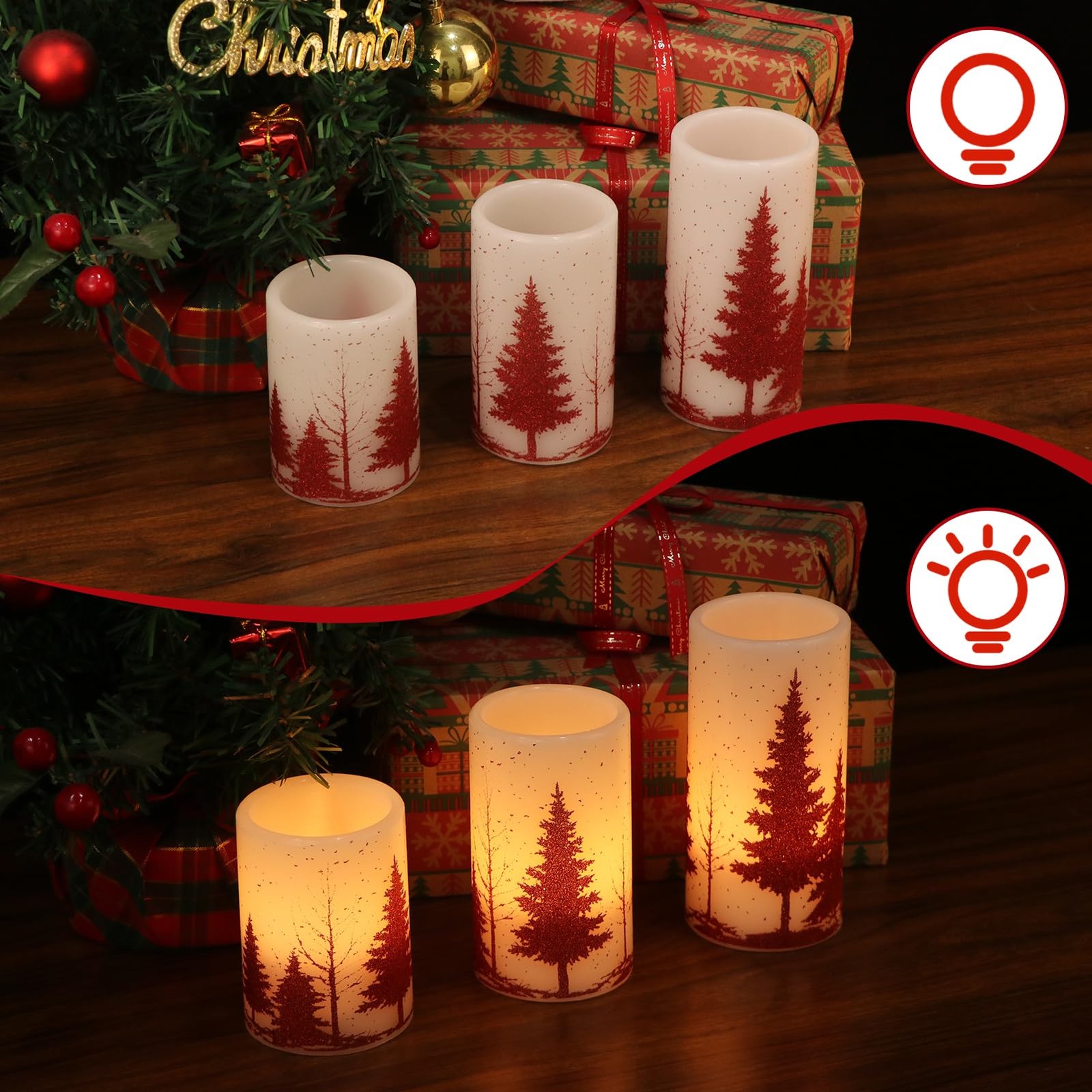 Flameless Candles 3 Pack 3×4/5/6 Inches Red Christmas Tree Decal – 6 Hour Timer